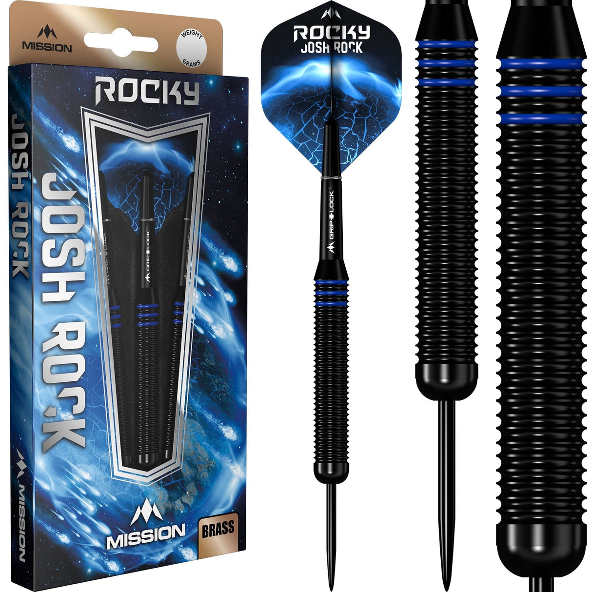 *Mission Josh Rock Darts - Steel Tip - Brass - Rocky - Black & Blue 22g
