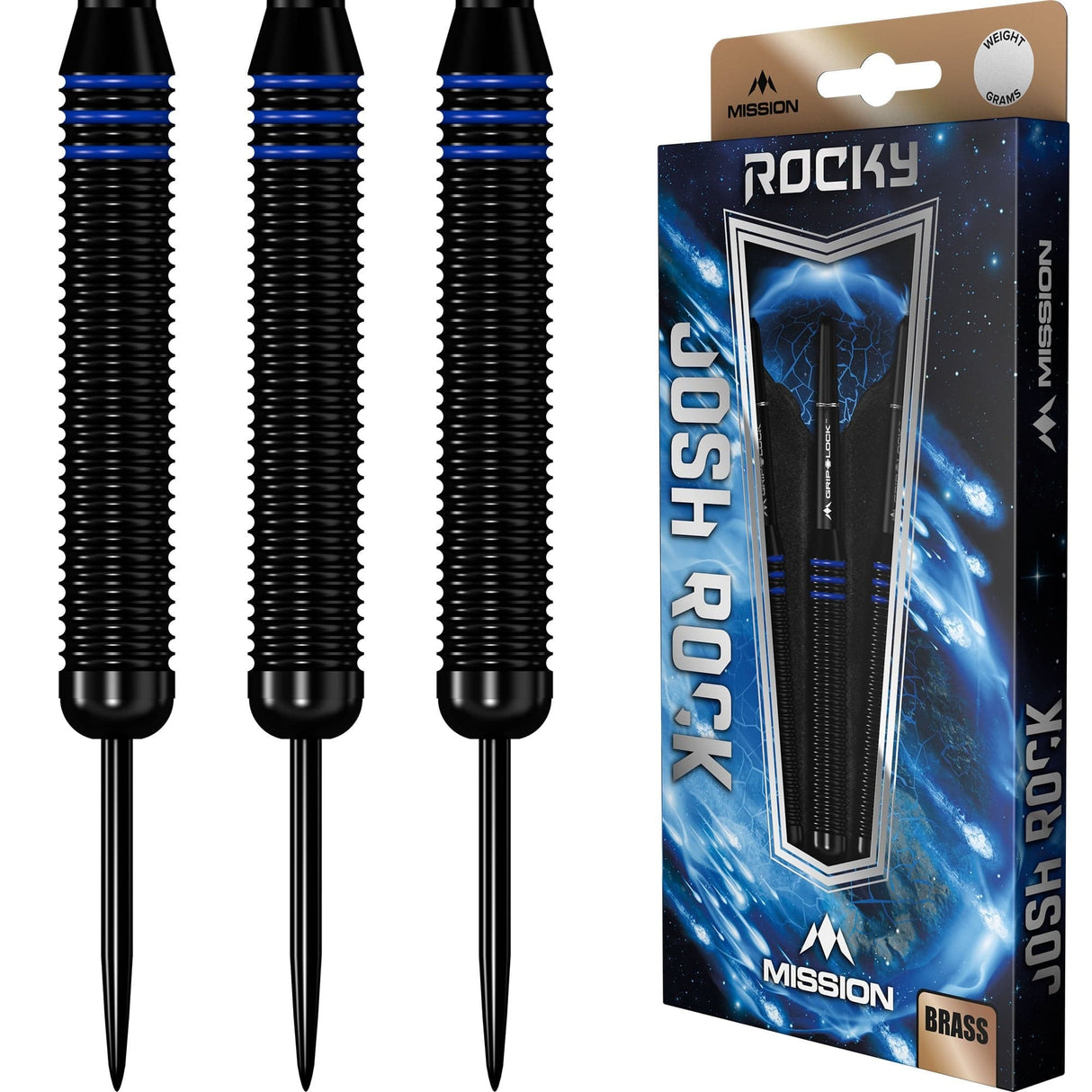 *Mission Josh Rock Darts - Steel Tip - Brass - Rocky - Black & Blue 22g