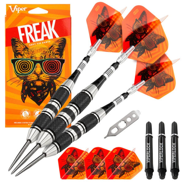 Viper The Freak Darts - Steel Tip - Nickel Silver - with Spinster Shafts - F2 - Black Twin Knurl