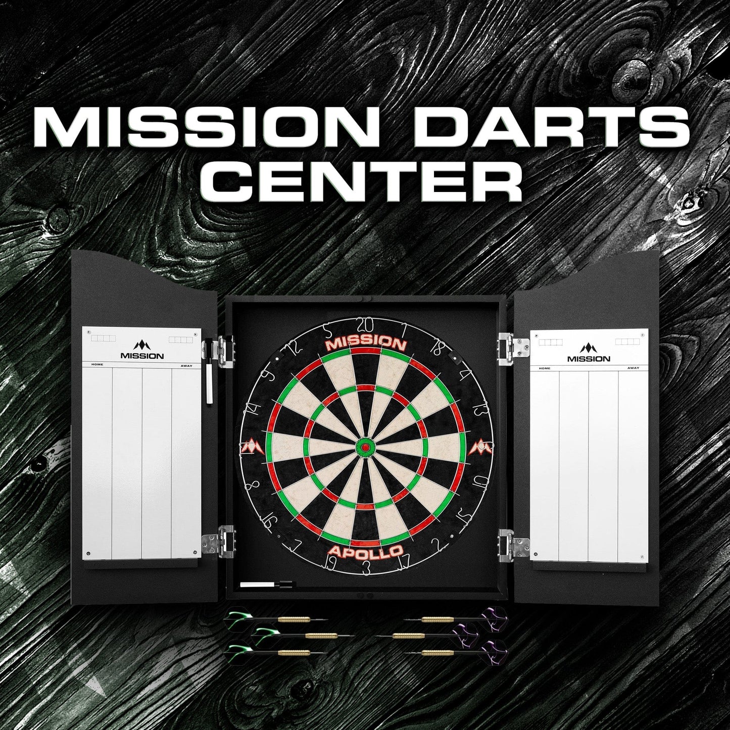 Mission Home Darts Centre - Cabinet, Dartboard, 6 Darts - Plain Black