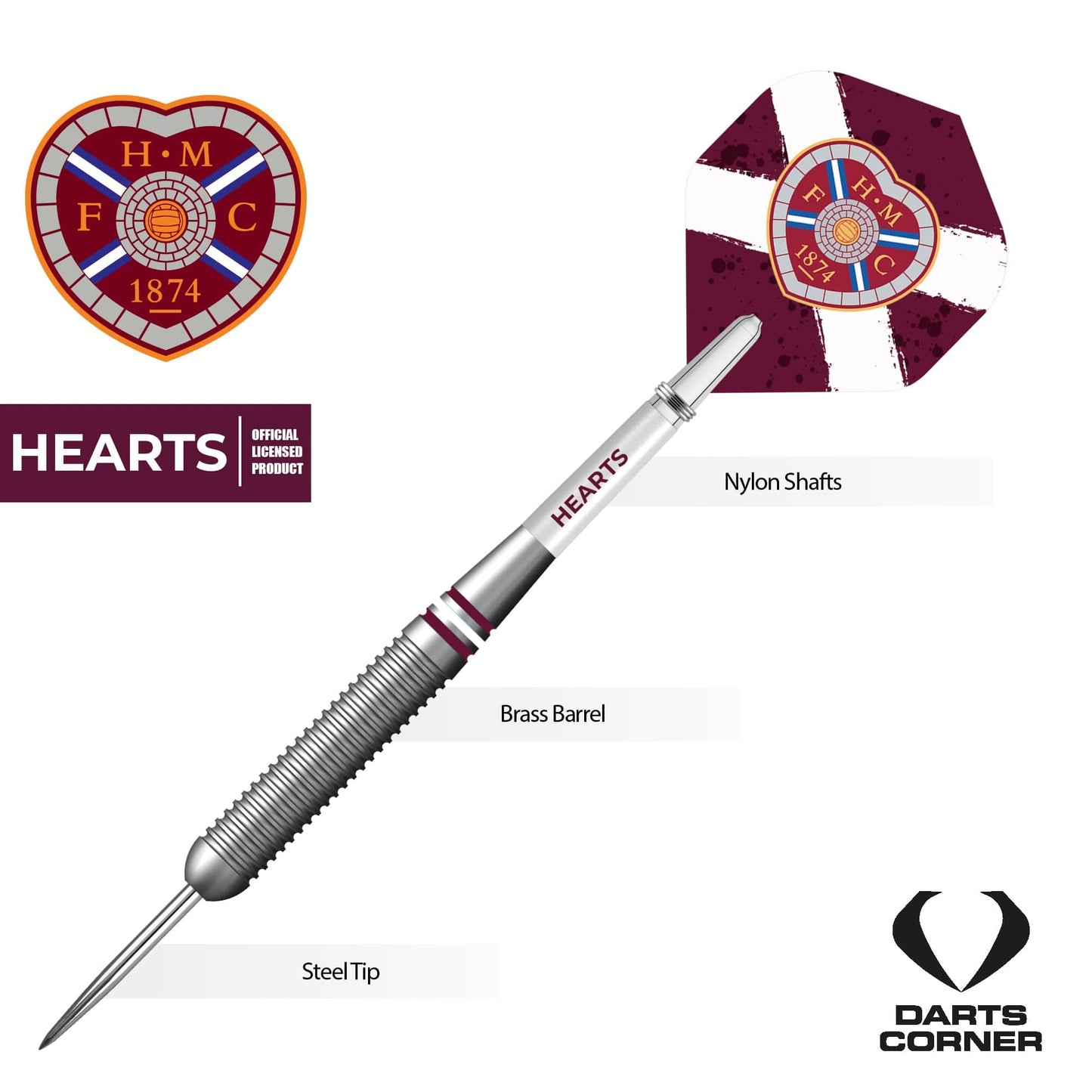 Heart of Midlothian FC - Official Licensed - Hearts - Steel Tip Darts - Brass - 22g 22g