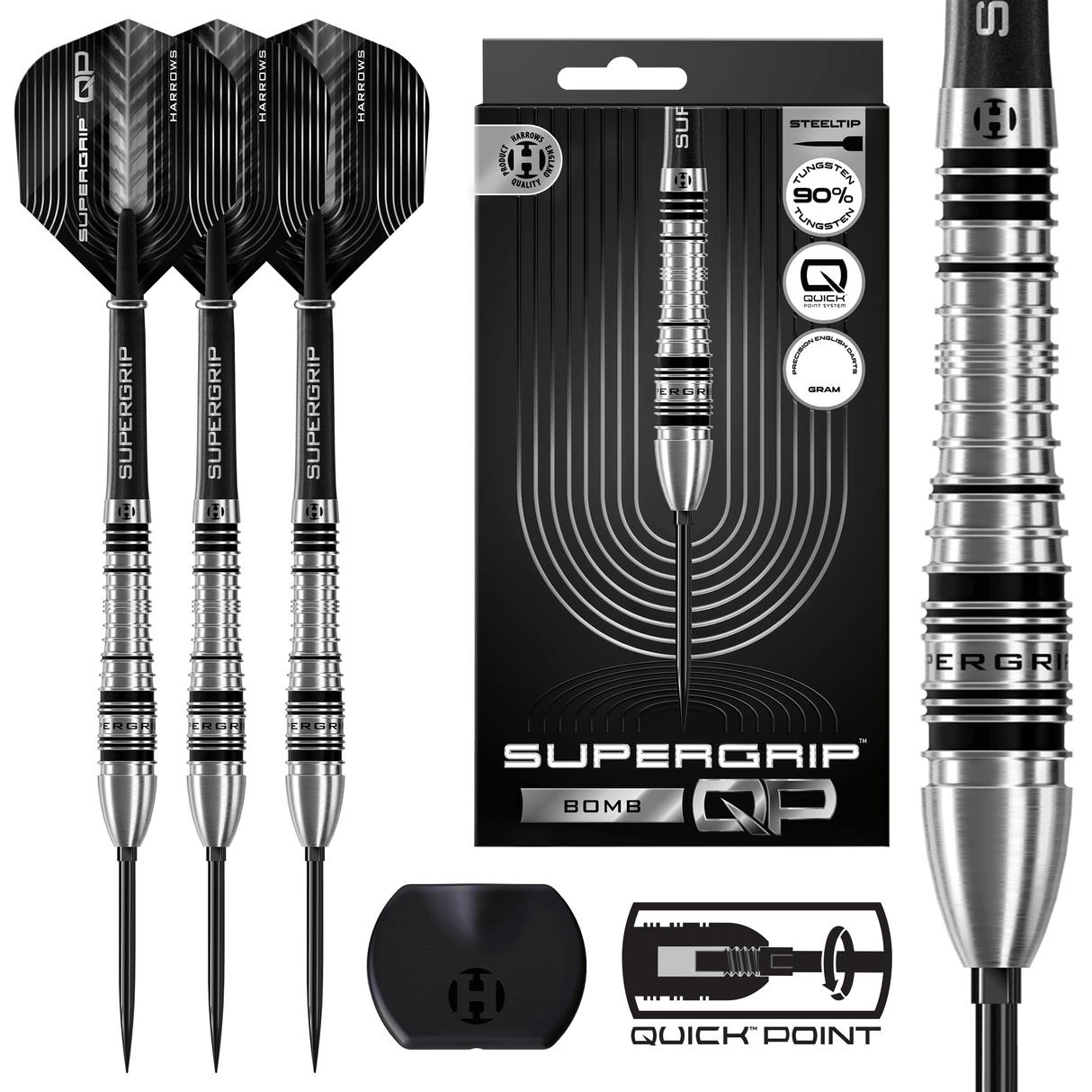 Harrows Supergrip QP Darts - Steel Tip - 90% Tungsten - Bomb