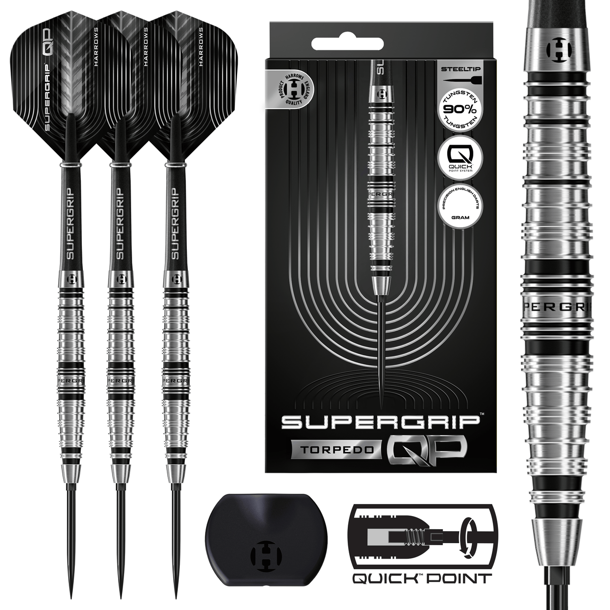 Harrows Supergrip QP Darts - Steel Tip - 90% Tungsten - Torpedo