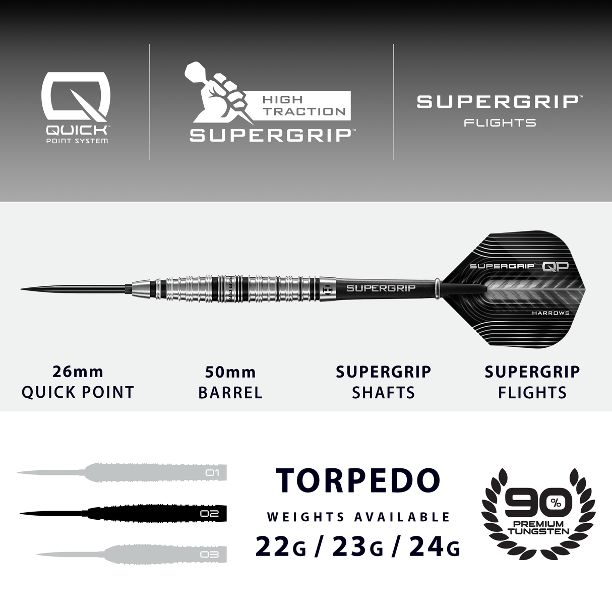 Harrows Supergrip QP Darts - Steel Tip - 90% Tungsten - Torpedo