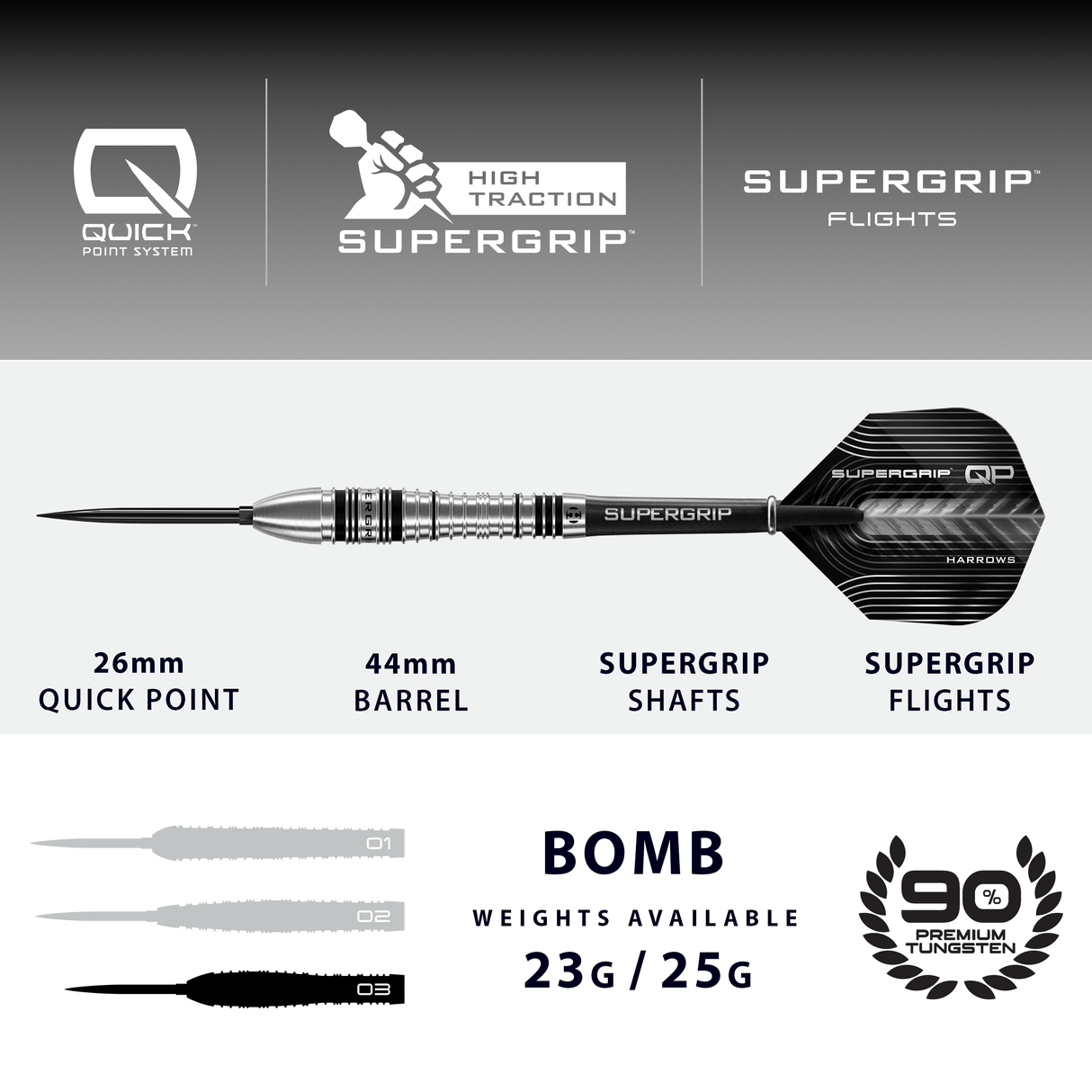 Harrows Supergrip QP Darts - Steel Tip - 90% Tungsten - Bomb