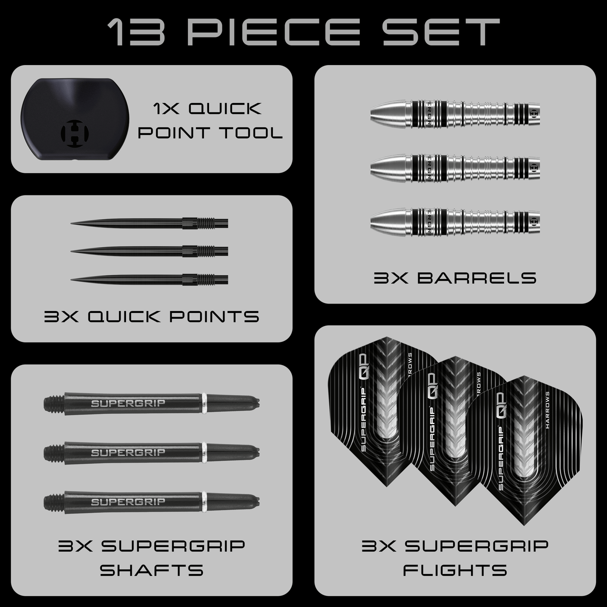 Harrows Supergrip QP Darts - Steel Tip - 90% Tungsten - Bomb