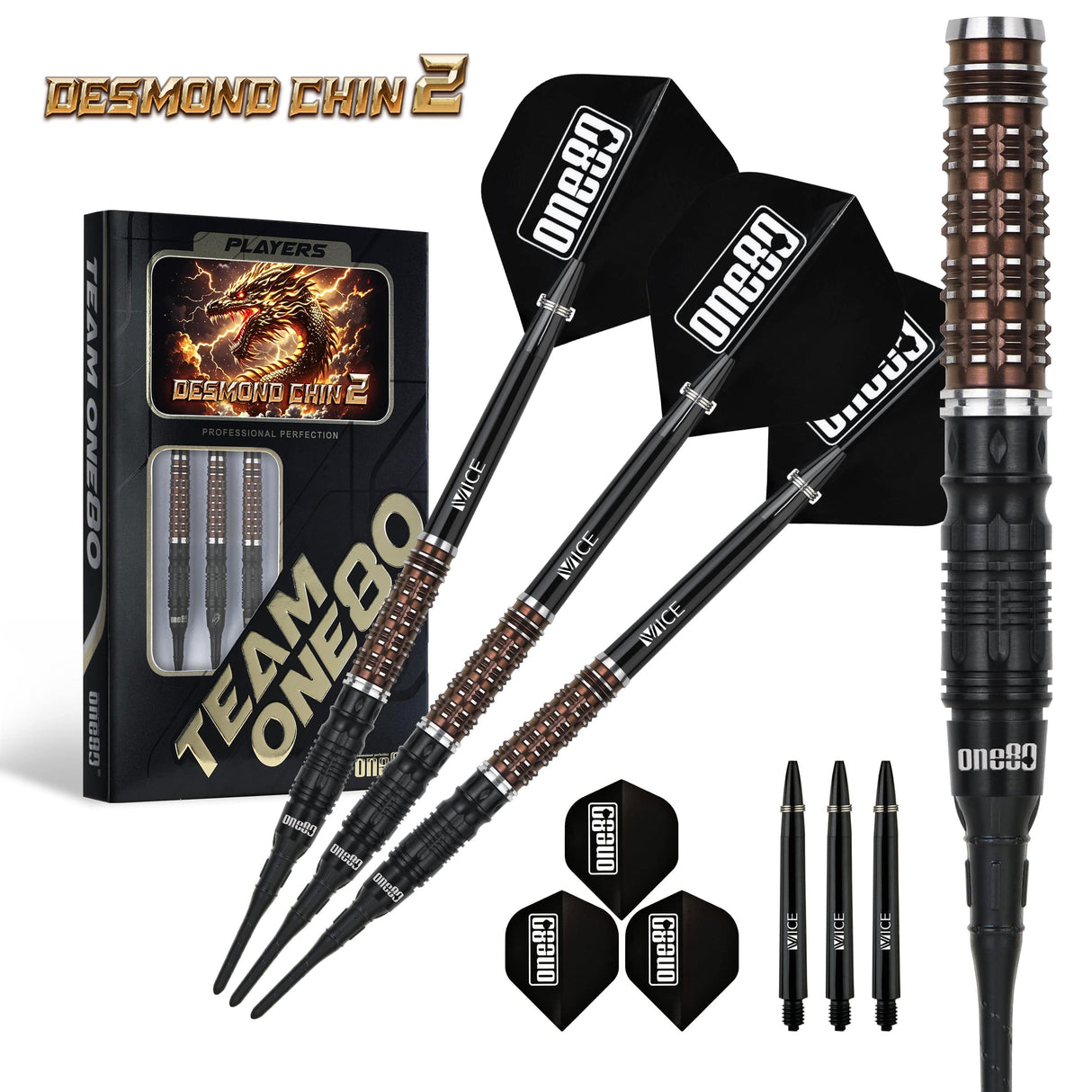 One80 Desmond Chin Darts - Soft Tip - 90% Tungsten - V2 - Black & Coffee - 18.5g