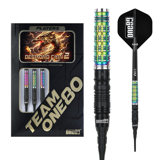 One80 Desmond Chin Darts - Soft Tip - 90% Tungsten - V2 - Black & Rainbow - 20g