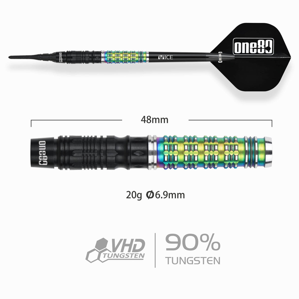 One80 Desmond Chin Darts - Soft Tip - 90% Tungsten - V2 - Black & Rainbow - 20g