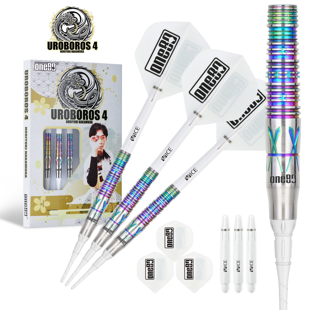 One80 Noriyuki Nakamura Darts - Soft Tip - 90% Tungsten - V4 - Rainbow