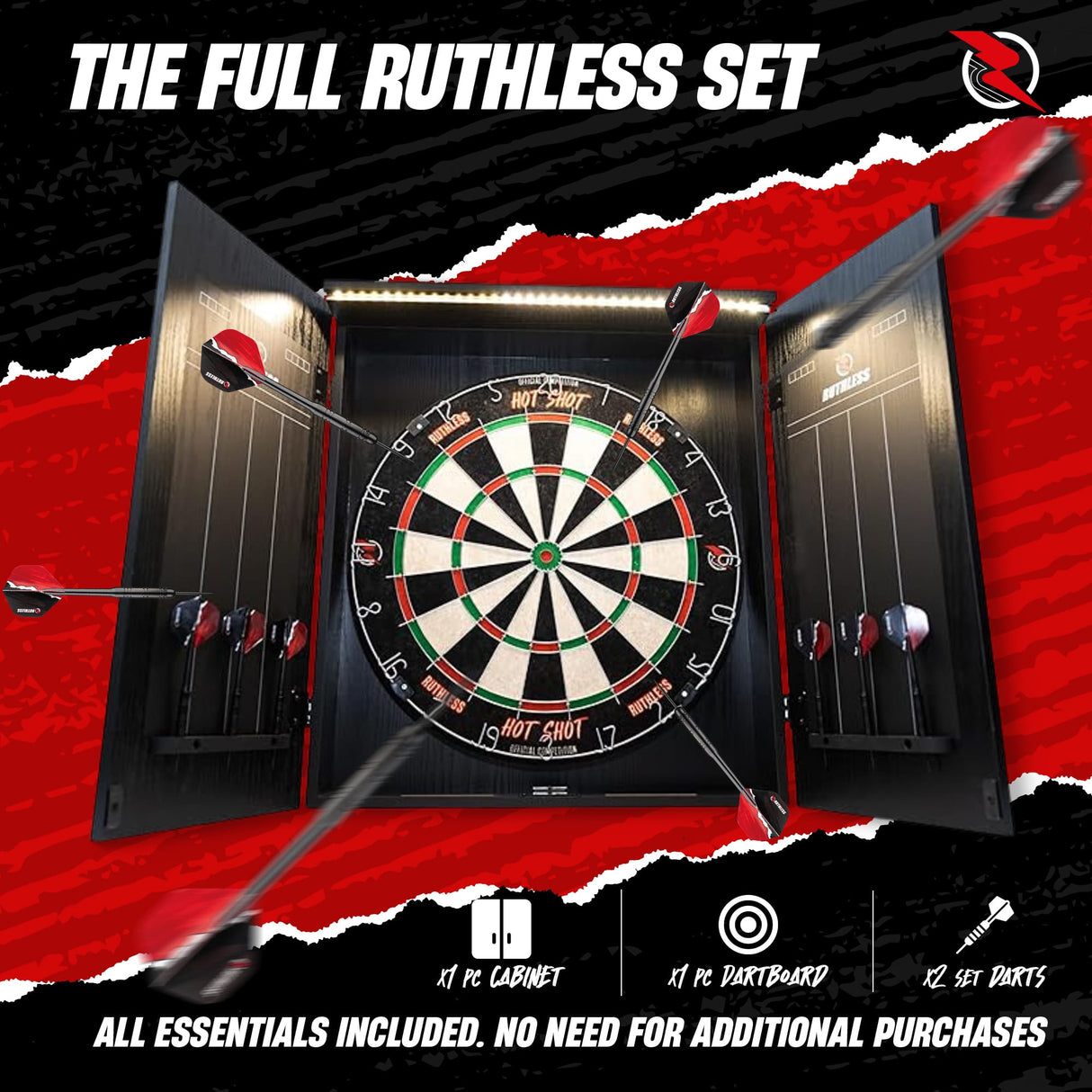 Ruthless Home Darts Centre - Cabinet with USB Light - Gorilla