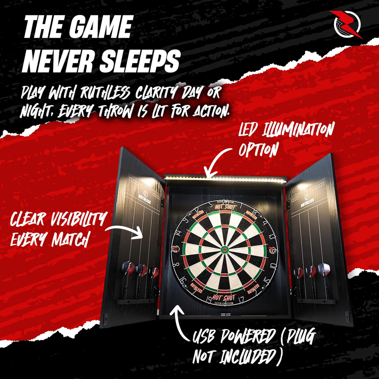 Ruthless Home Darts Centre - Cabinet with USB Light - Eagle