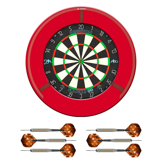 Mission Samurai Infinity Dartboard Set - Dart Board, Surround, Torus 270 Light & 2 sets of Brass Darts - Red