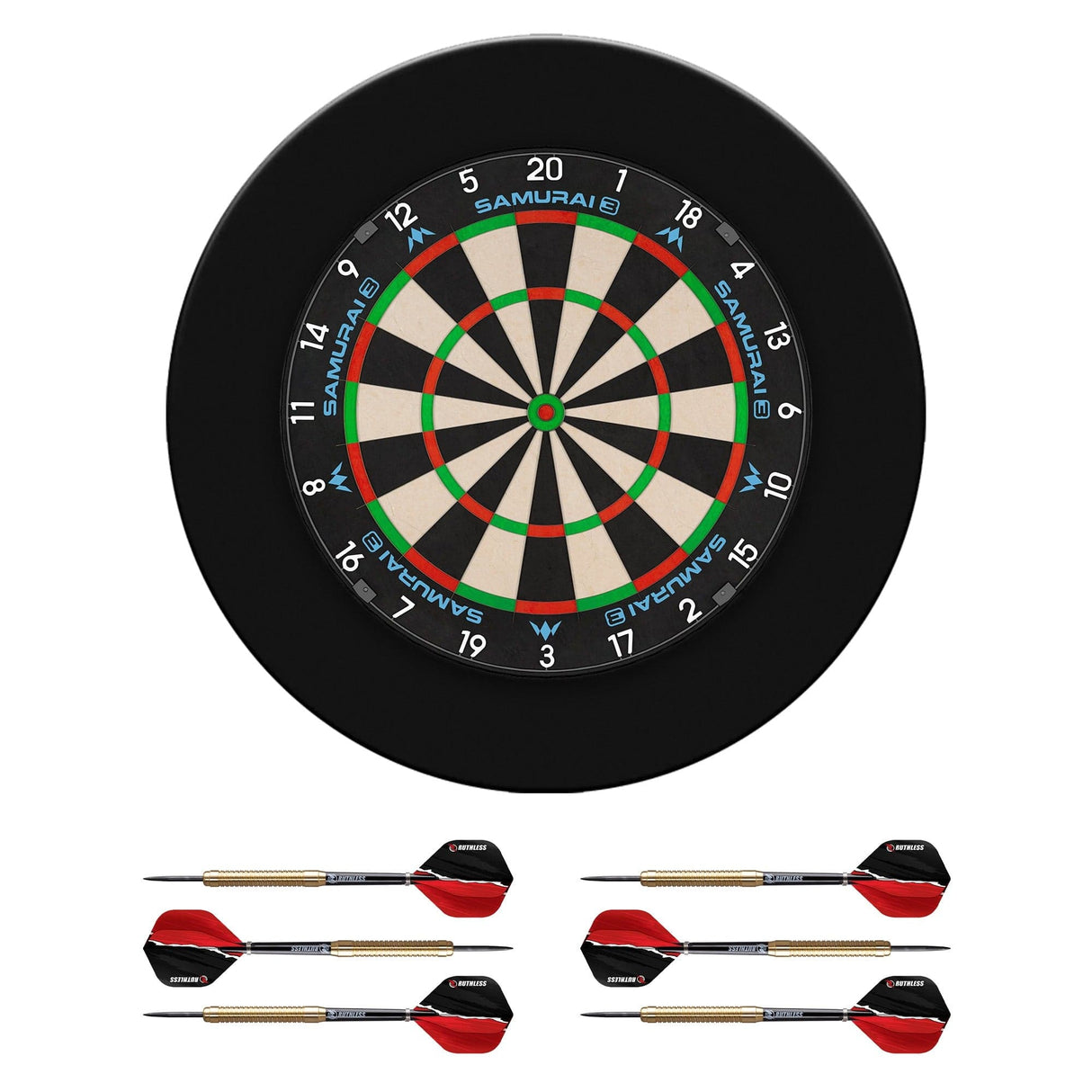 Mission Samurai 3 Dartboard Set - Dart Board, Black Surround & 2 sets of Brass Darts