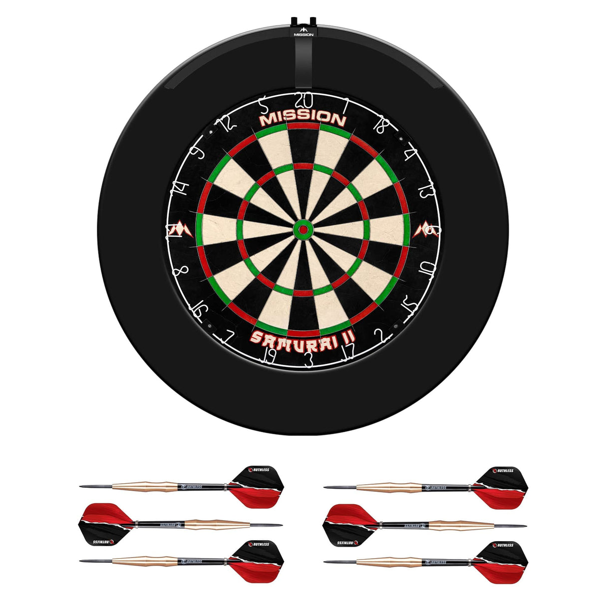 Mission Samurai II Dartboard Set - Dart Board, Surround, Torus 100 Light & 2 sets of Brass Darts - Black