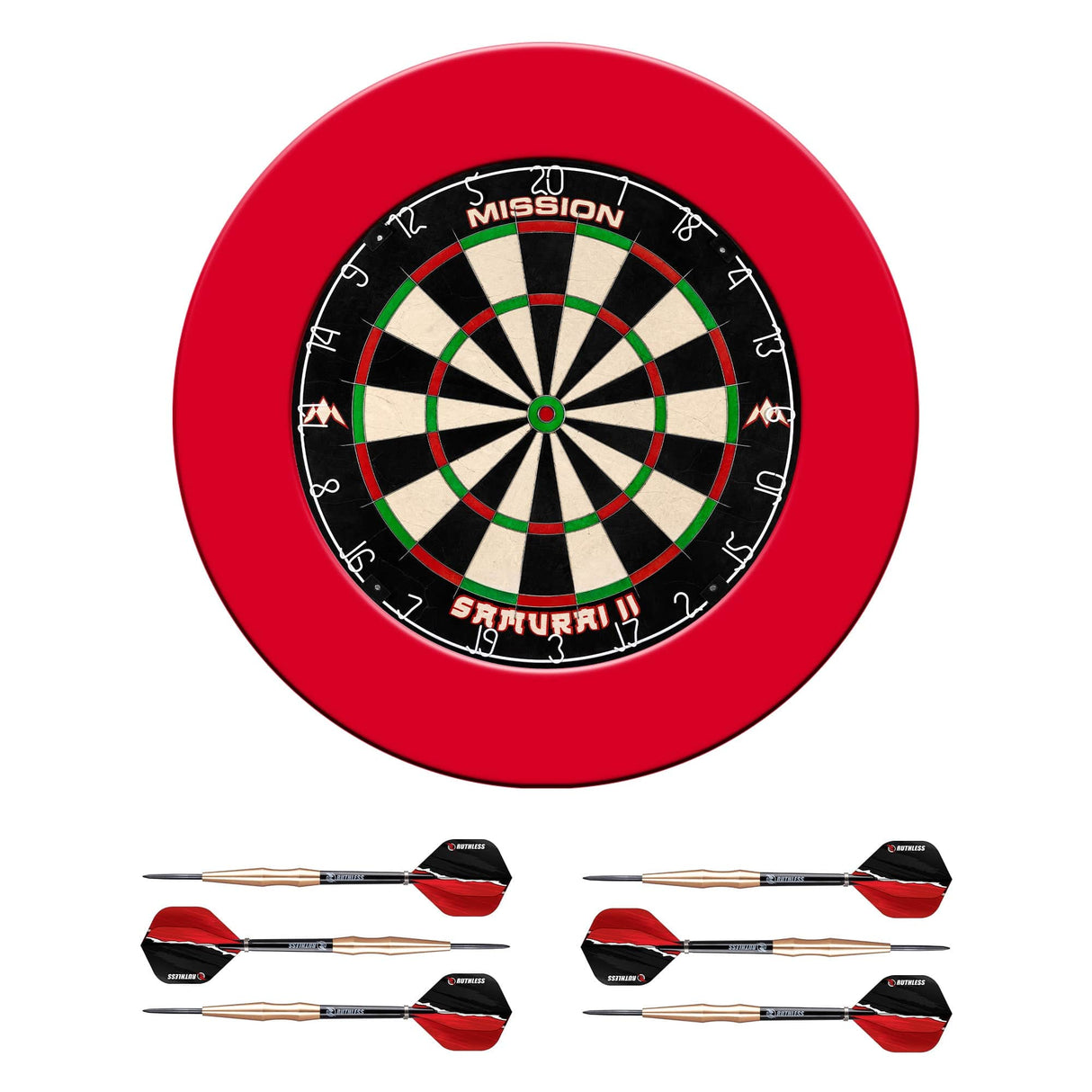 Mission Samurai II Dartboard Set - Dart Board, Surround & 2 sets of Brass Darts - Red