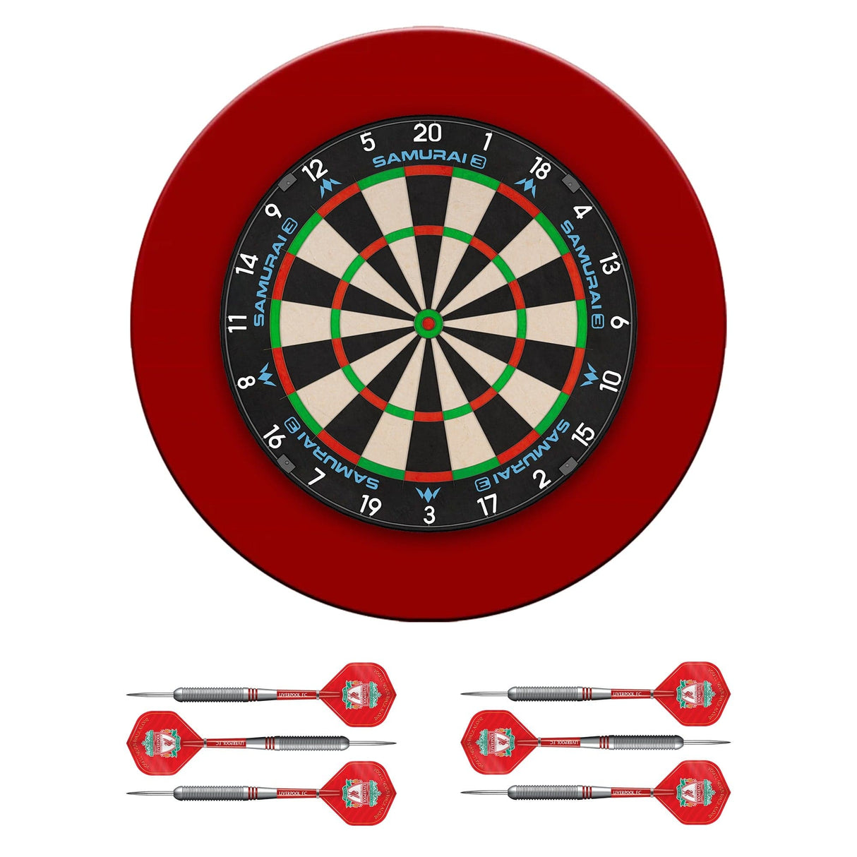 Mission Samurai 3 x Liverpool Dartboard Set - Dart Board, Surround & 2 sets of Brass Darts