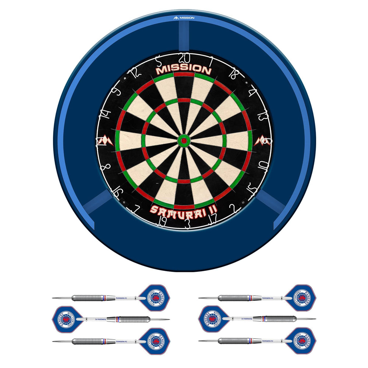 Mission Samurai II x Rangers Dartboard Set - Dart Board, Surround, Torus 270 Light & 2 sets of Brass Darts - Blue
