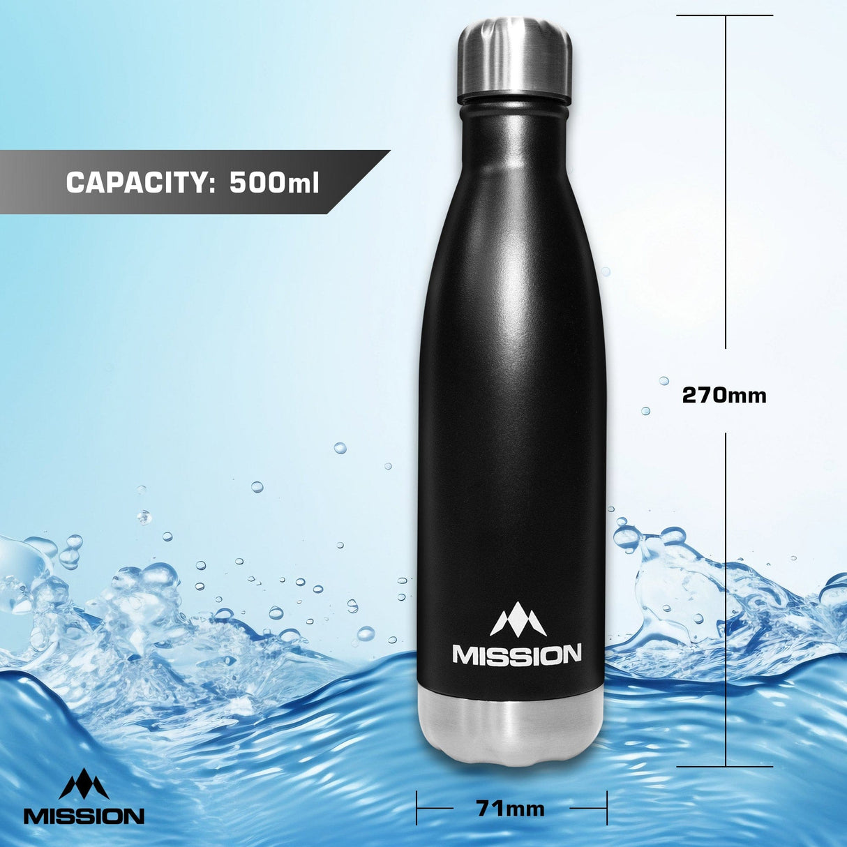 Mission Water Bottle - Stainless Steel - 500ml - Black