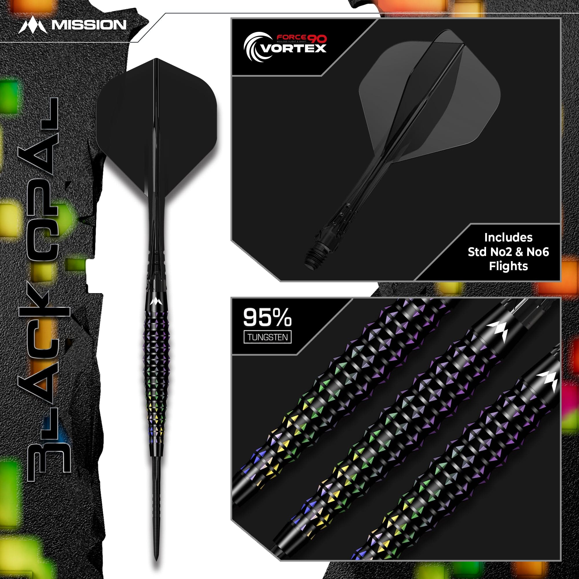 Mission Black Opal Darts - Steel Tip - 95% Tungsten - Black & Coral PV