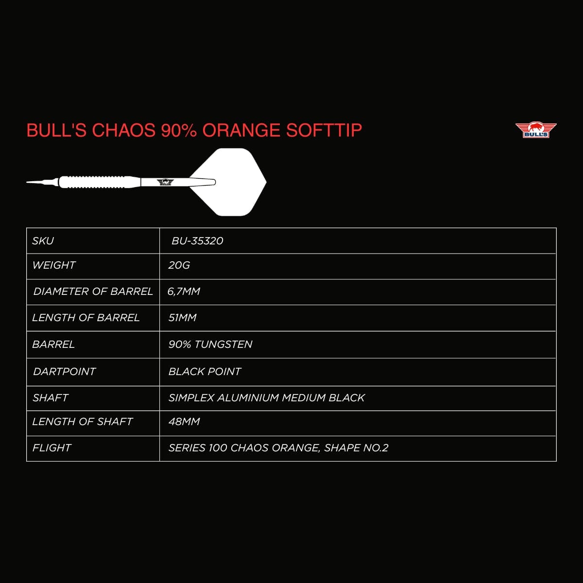 Bulls Chaos Darts - Soft Tip - 90% Tungsten - Orange 20g