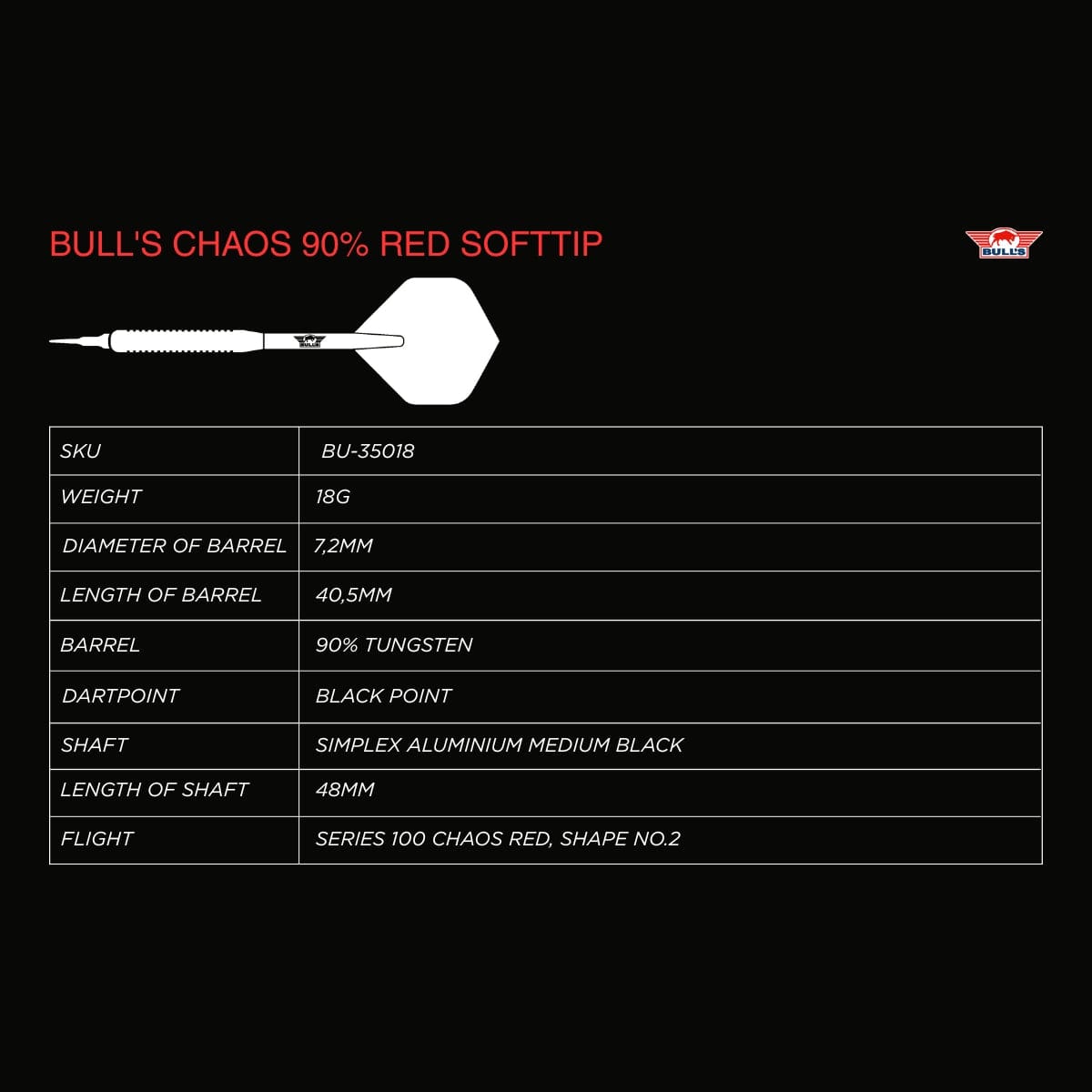 Bulls Chaos Darts - Soft Tip - 90% Tungsten - Red 18g