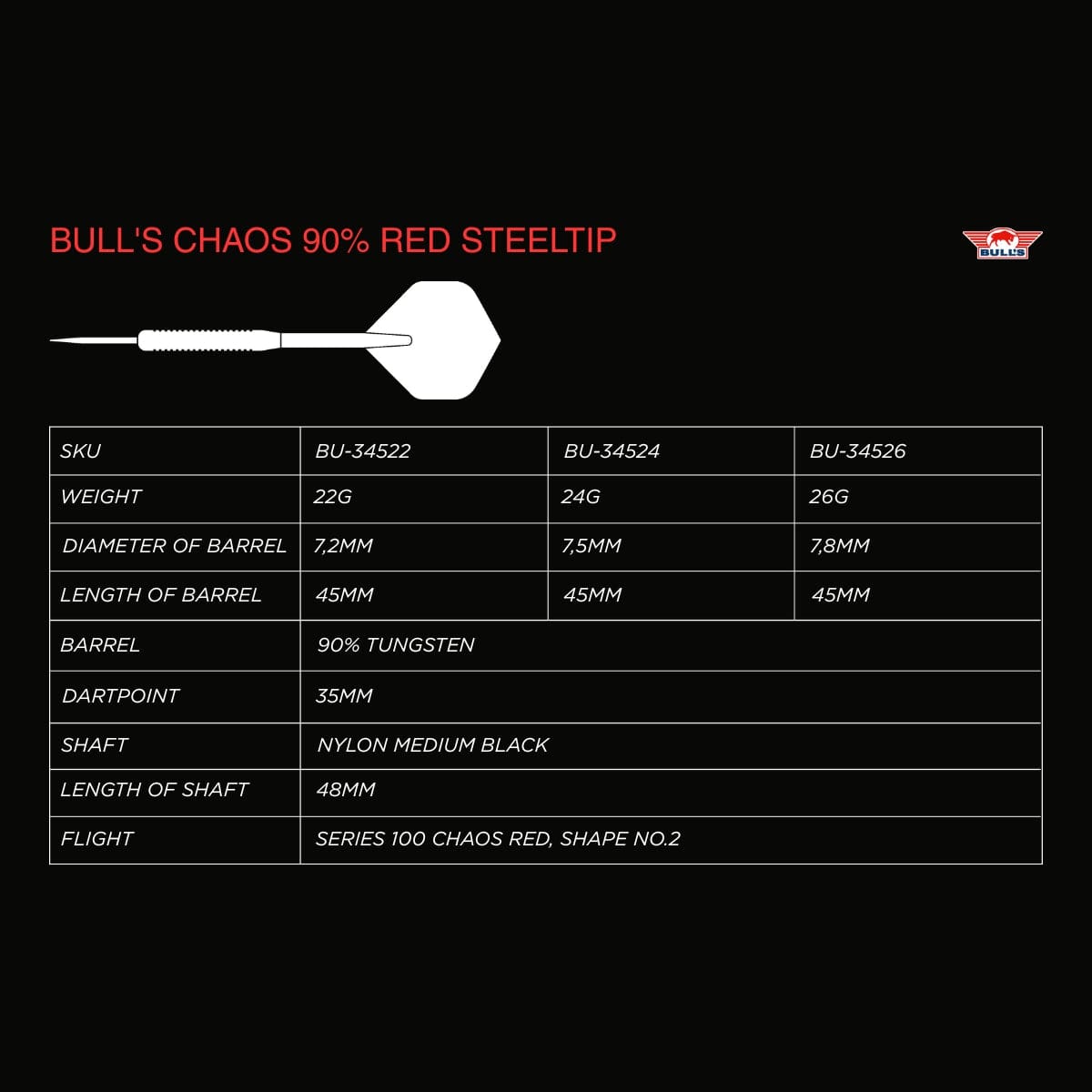 Bulls Chaos Darts - Steel Tip - 90% Tungsten - Red