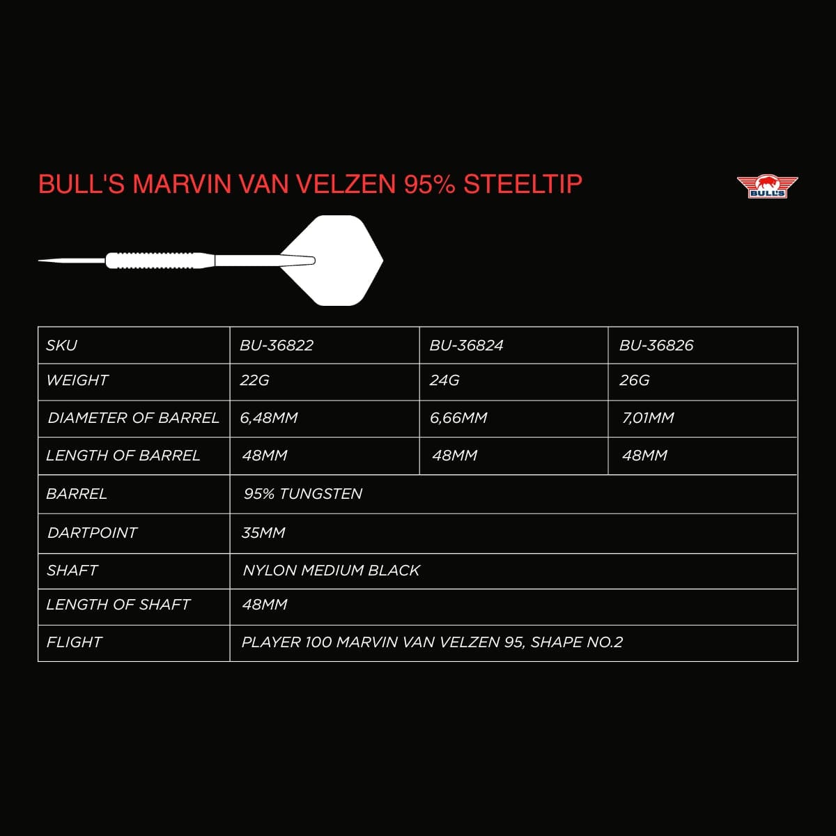 Bulls Marvin van Velzen Darts - Steel Tip - 95% Tungsten