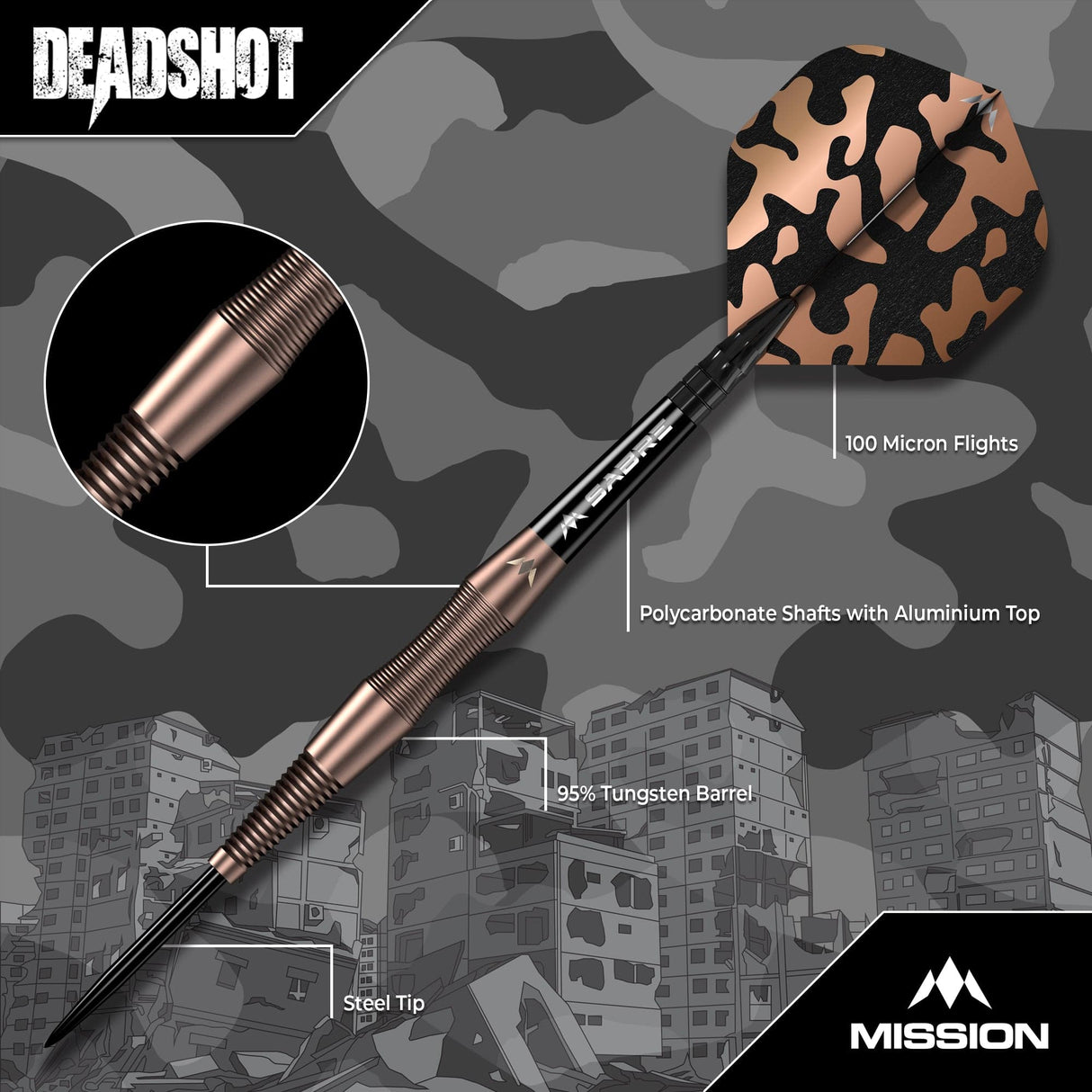 Mission Dead Shot Darts - Steel Tip - 95% Tungsten - Bronze