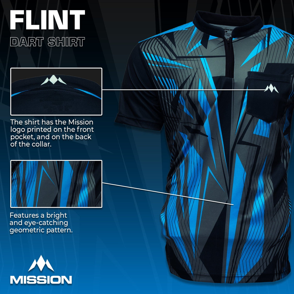Mission Darts Flint Dart Shirt - Collarless - Lightweight - Black & Blue