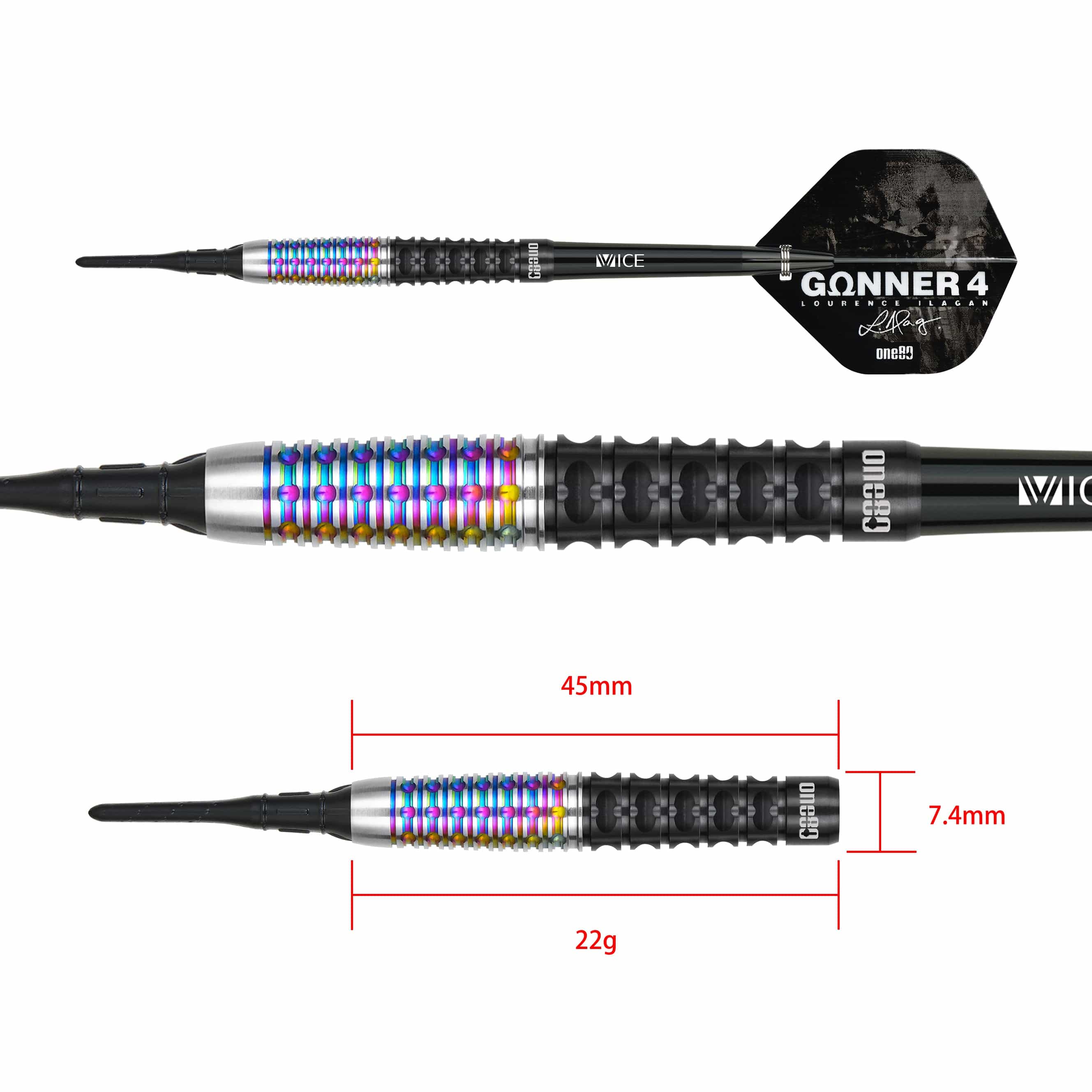 One80 Lourence Ilagan Darts - Soft Tip - 90% Tungsten - Rainbow - 22g