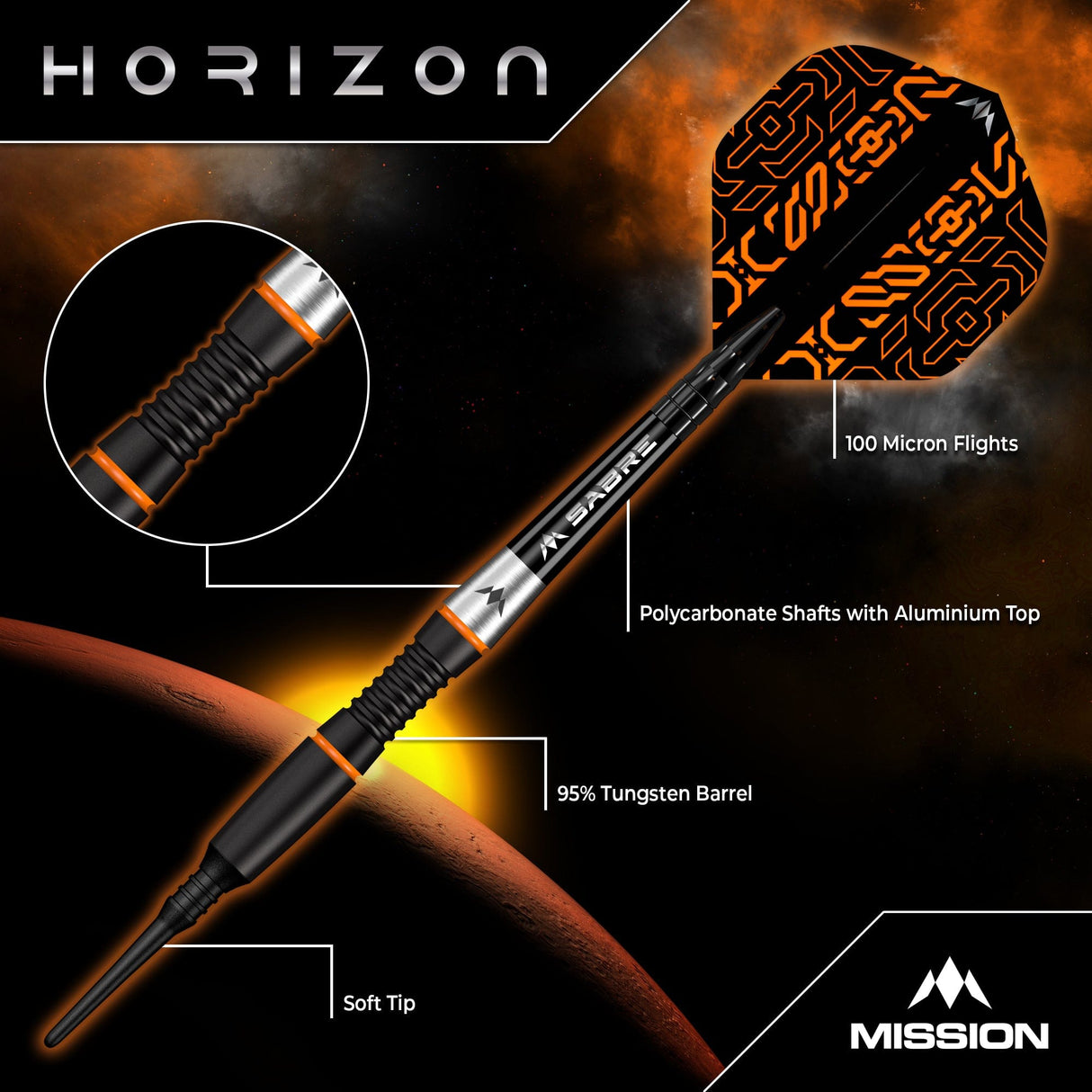 Mission Horizon Darts - Soft Tip - 95% Tungsten - Black PVD & Orange - 18g