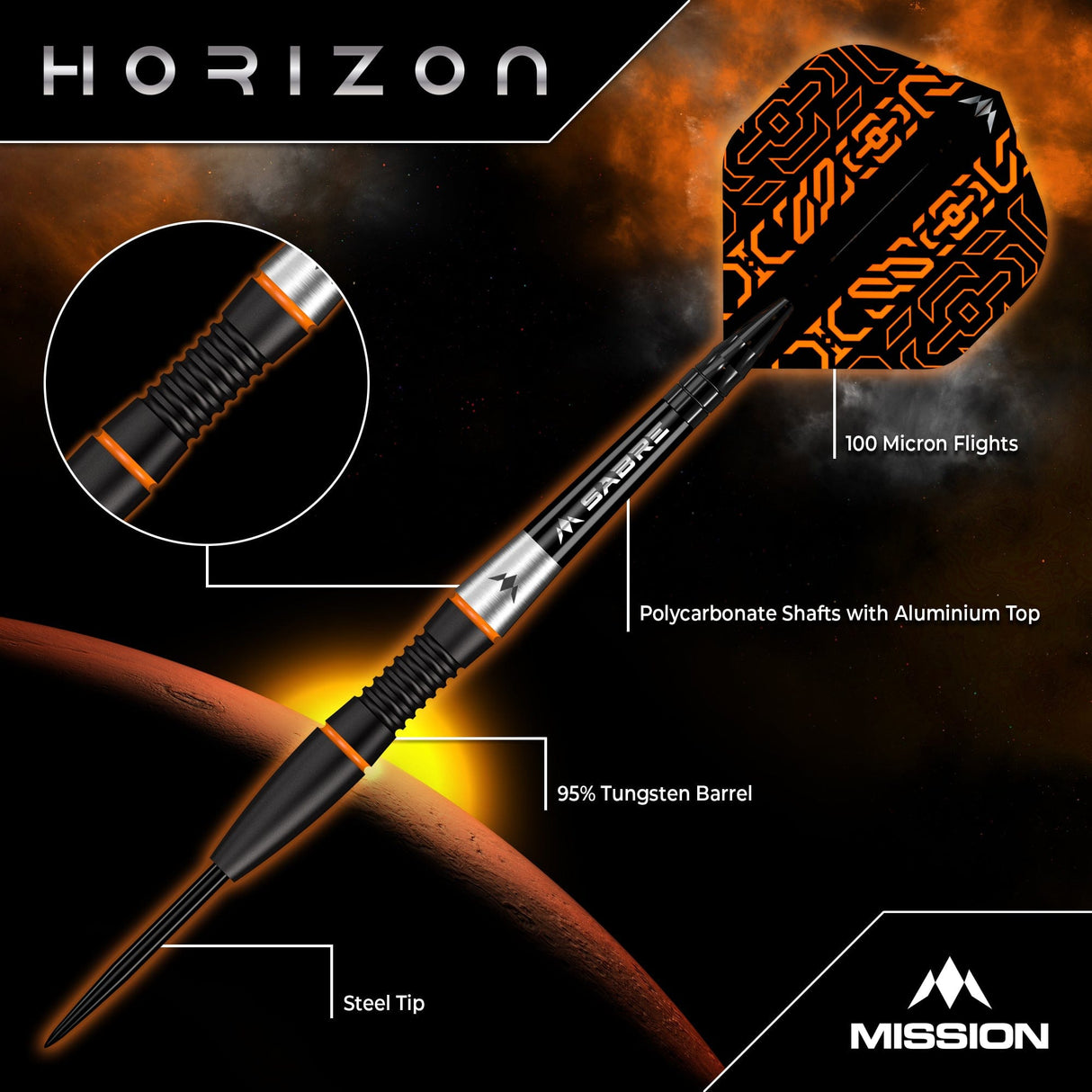 Mission Horizon Darts - Steel Tip - 95% Tungsten - Black PVD & Orange