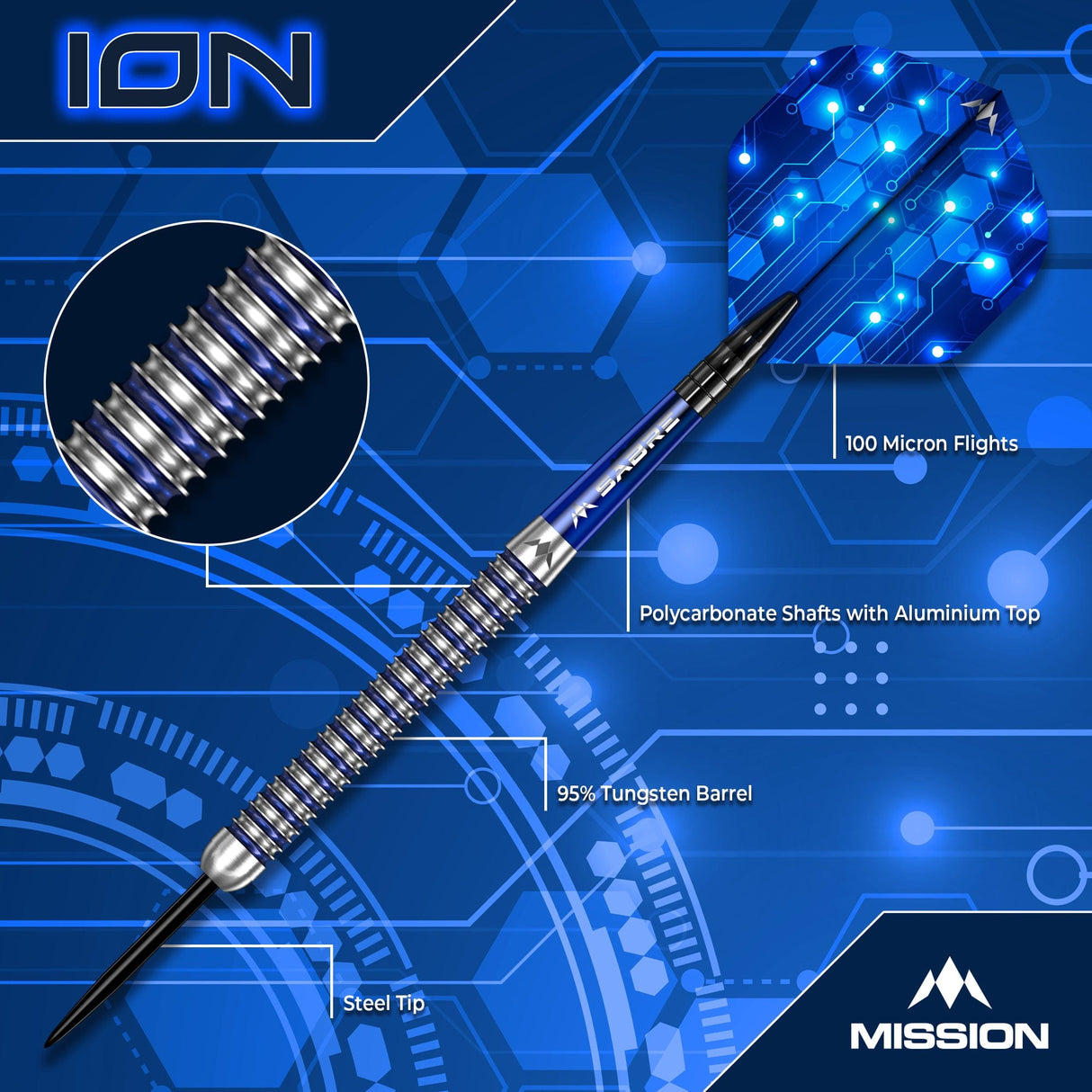 Mission ION Darts - Steel Tip - 95% Tungsten - Blue & Silver