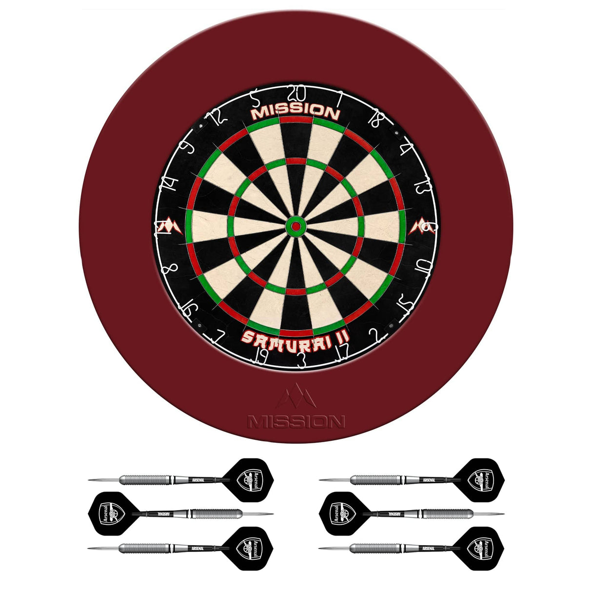Mission Samurai II x Arsenal Dartboard Set - Dart Board, Surround & 2 sets of Brass Darts - Red