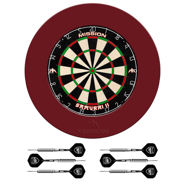Mission Samurai II x Arsenal Dartboard Set - Dart Board, Surround & 2 sets of Brass Darts - Red