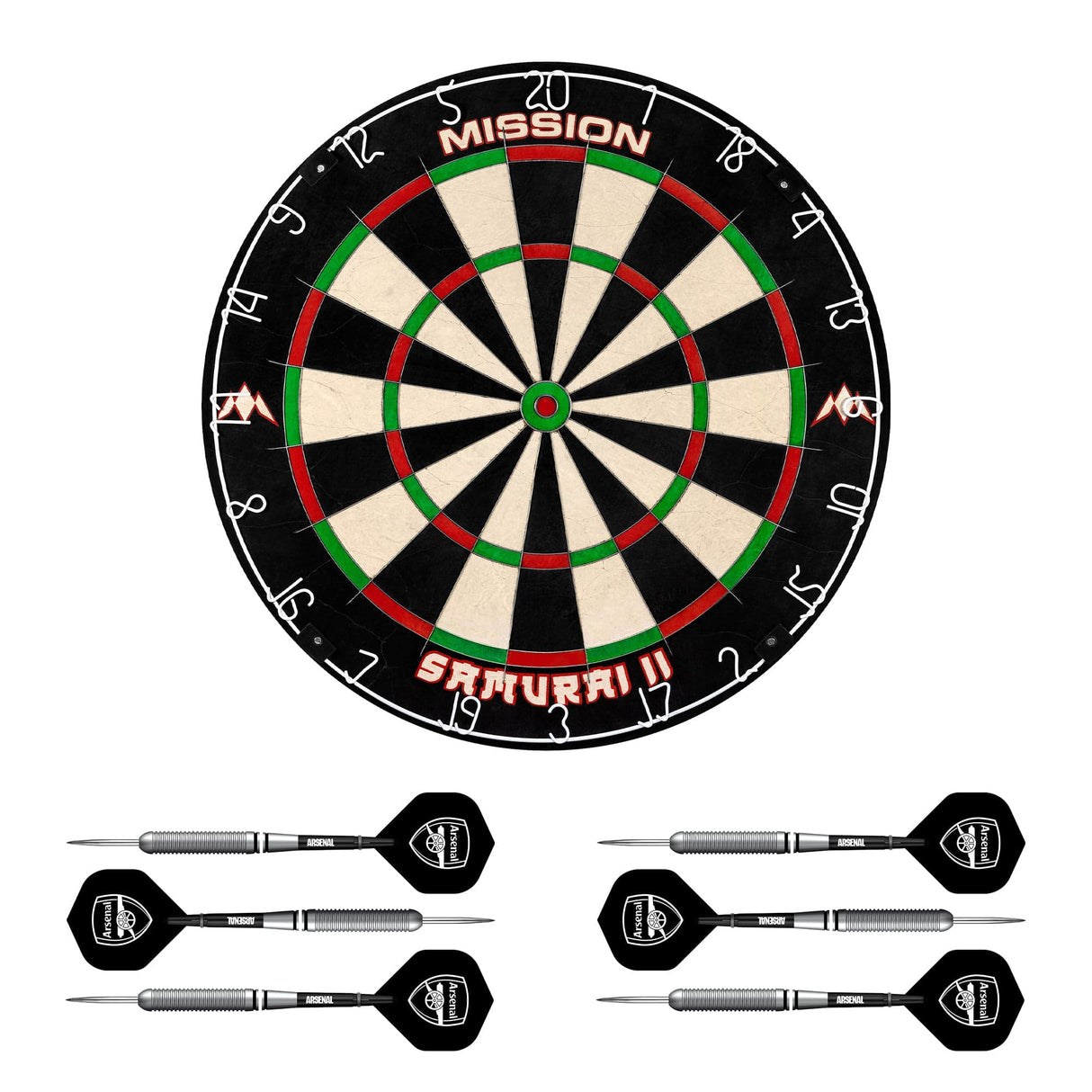 Mission Samurai II x Arsenal Dartboard Set - Dart Board & 2 sets of Brass Darts - Red