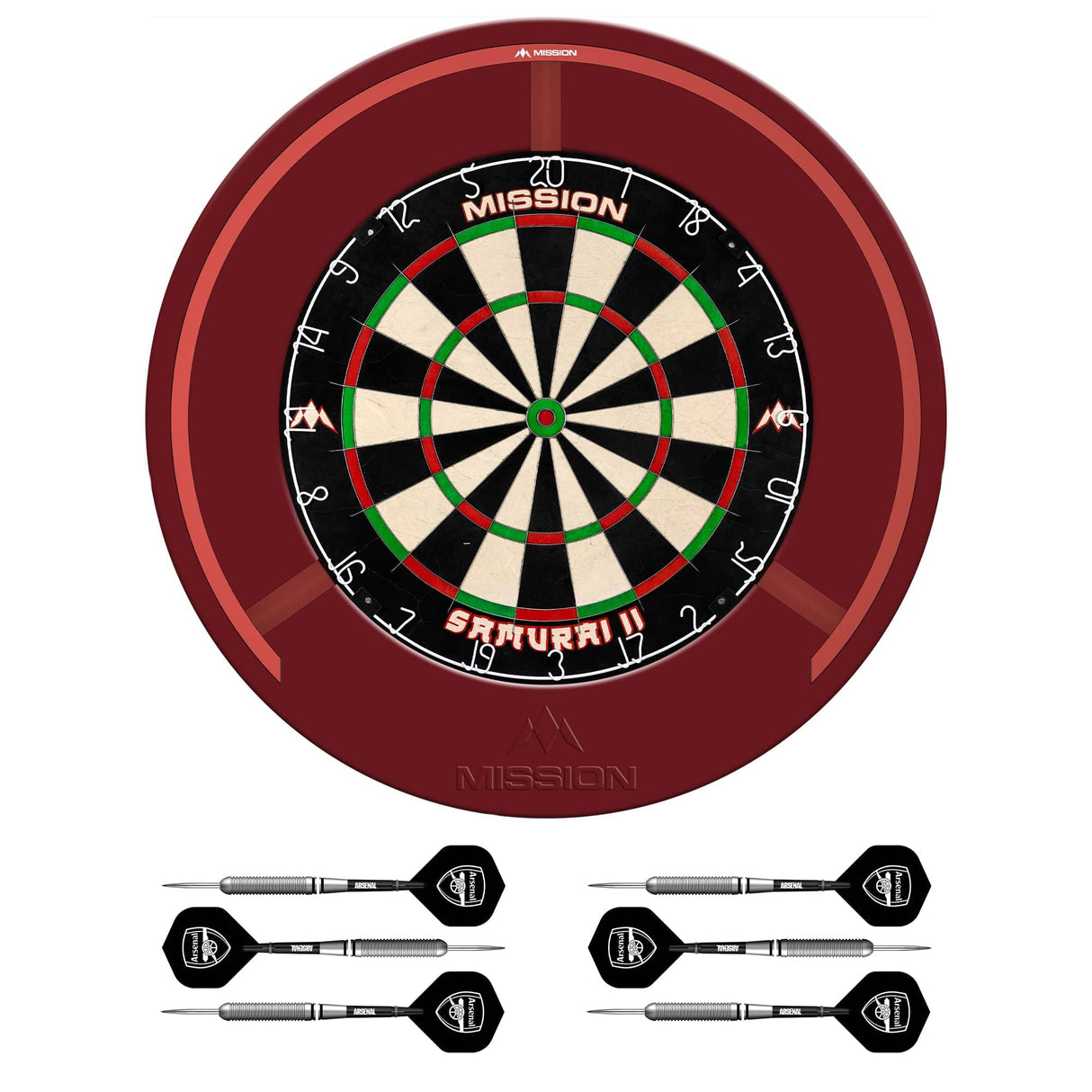 Mission Samurai II x Arsenal Dartboard Set - Dart Board, Surround, Torus 270 Light & 2 sets of Brass Darts - Red