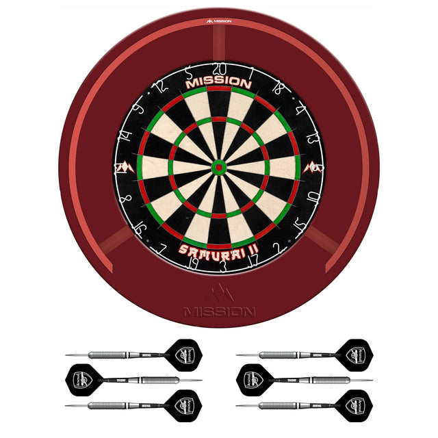Mission Samurai II x Arsenal Dartboard Set - Dart Board, Surround, Torus 270 Light & 2 sets of Brass Darts - Red