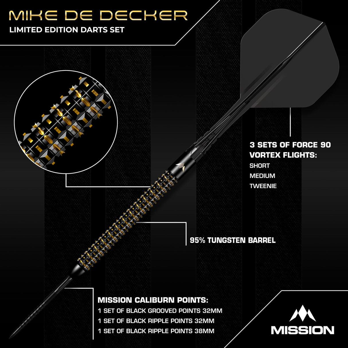 Mission Mike De Decker Darts - Steel Tip - 95% Tungsten - Limited Edition - World Grand Prix - 24g