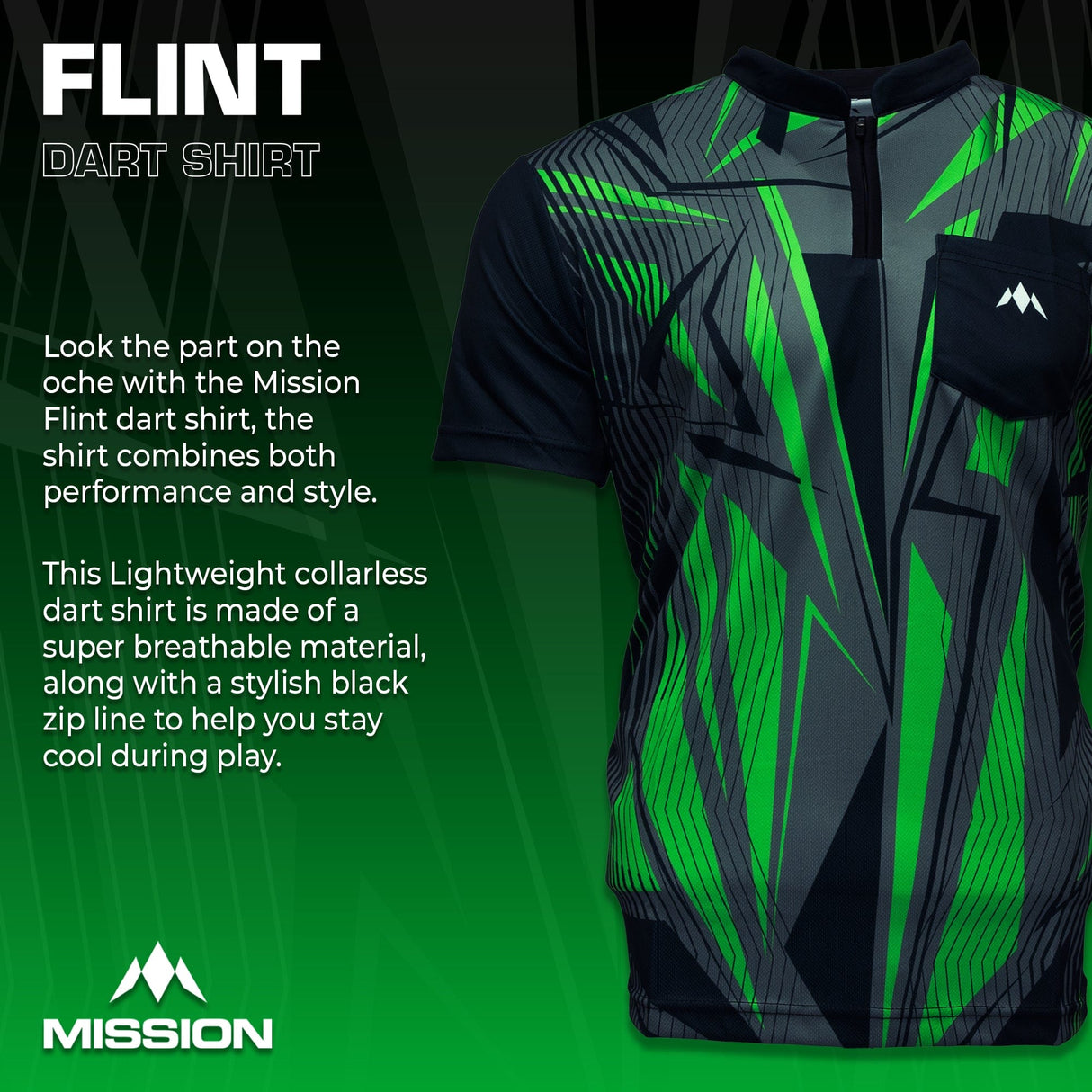 Mission Darts Flint Dart Shirt - Collarless - Lightweight - Black & Green - Youth