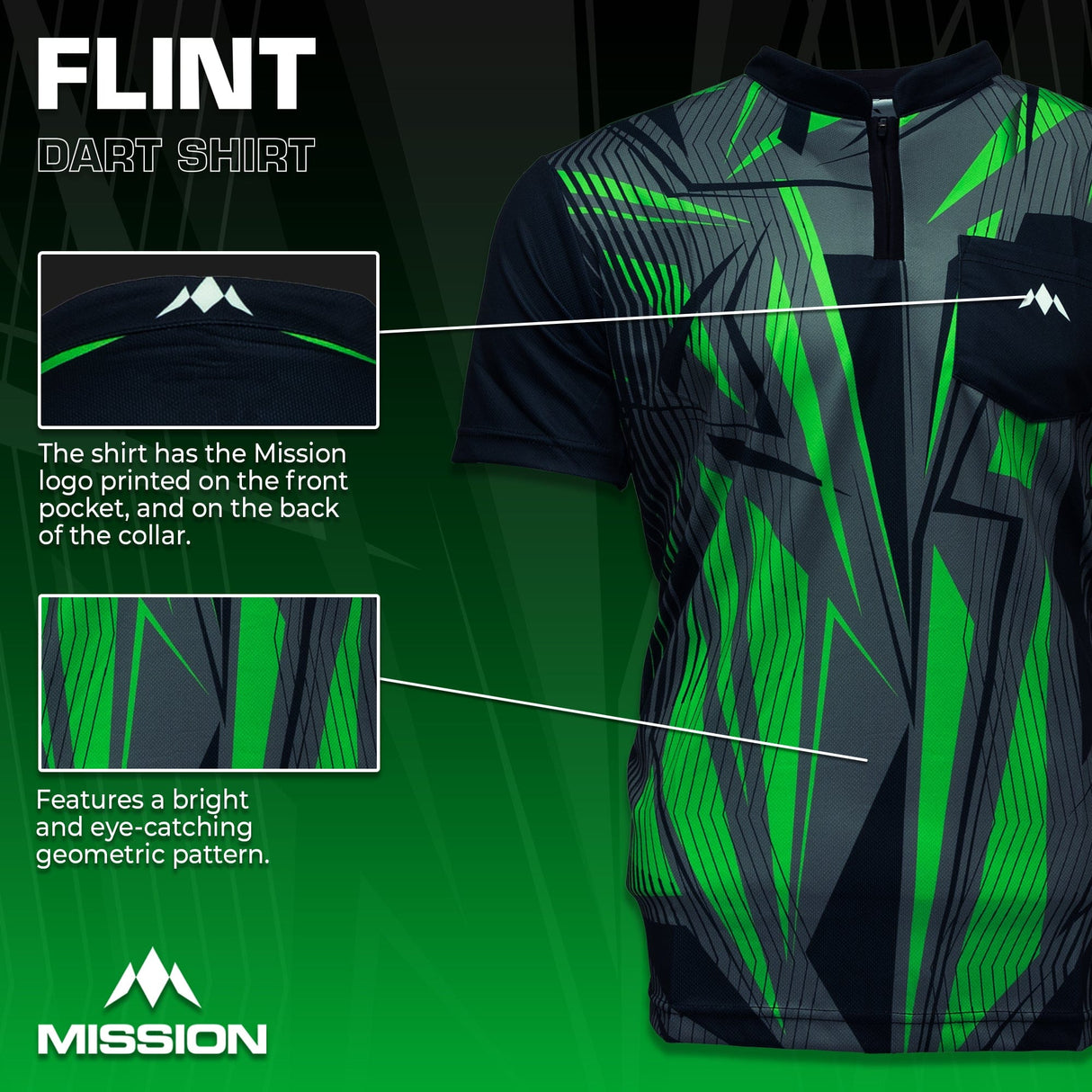 Mission Darts Flint Dart Shirt - Collarless - Lightweight - Black & Green