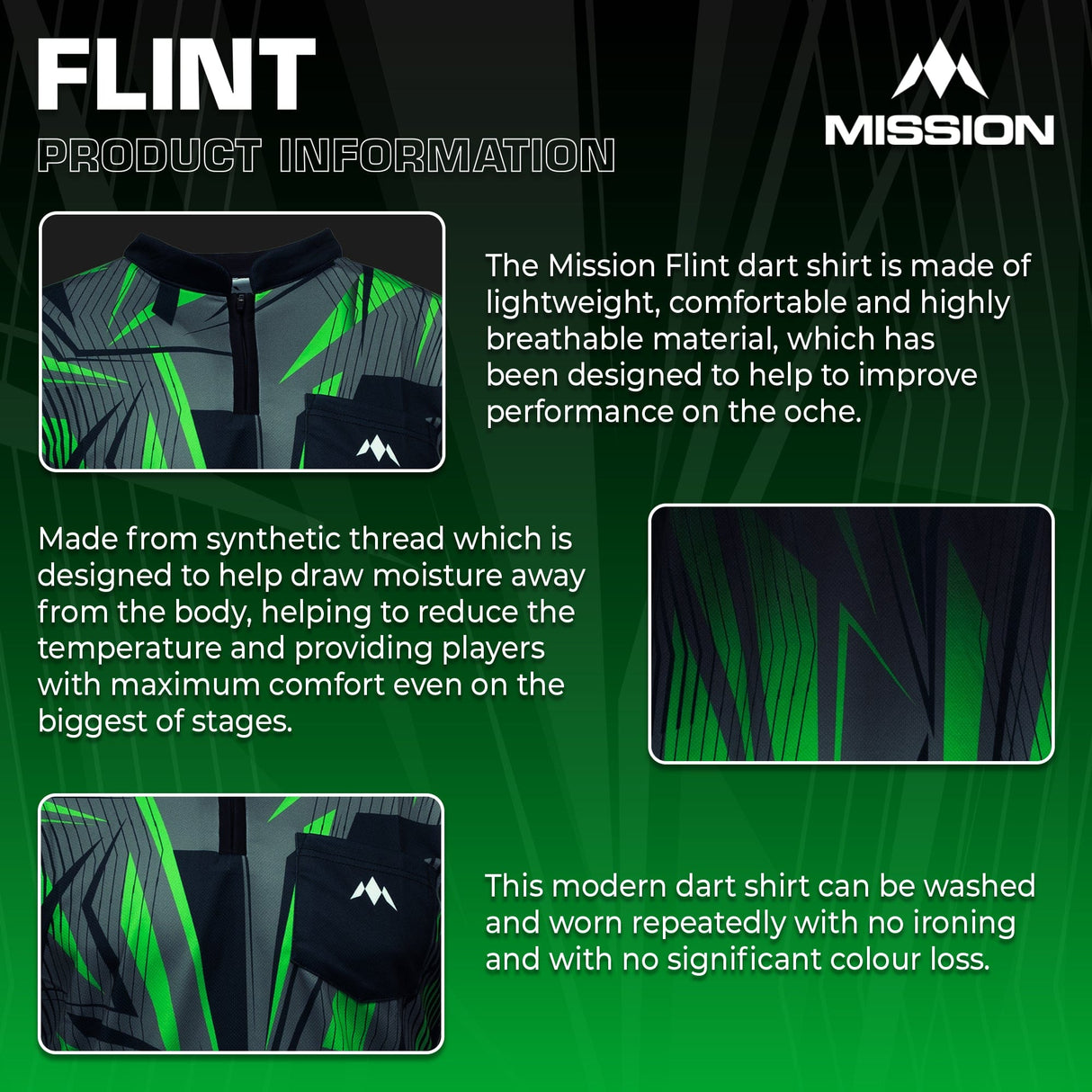 Mission Darts Flint Dart Shirt - Collarless - Lightweight - Black & Green