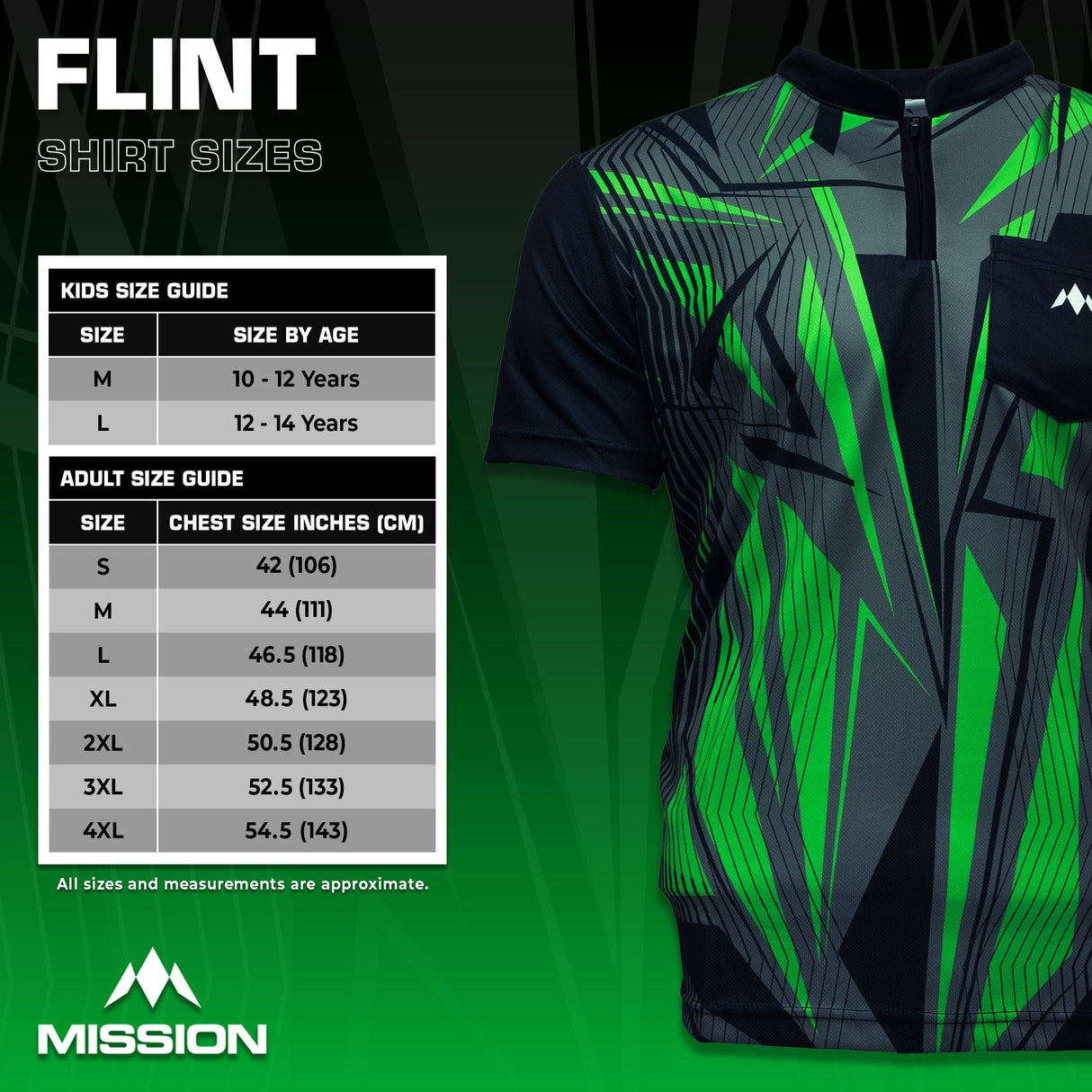Mission Darts Flint Dart Shirt - Collarless - Lightweight - Black & Green - Youth
