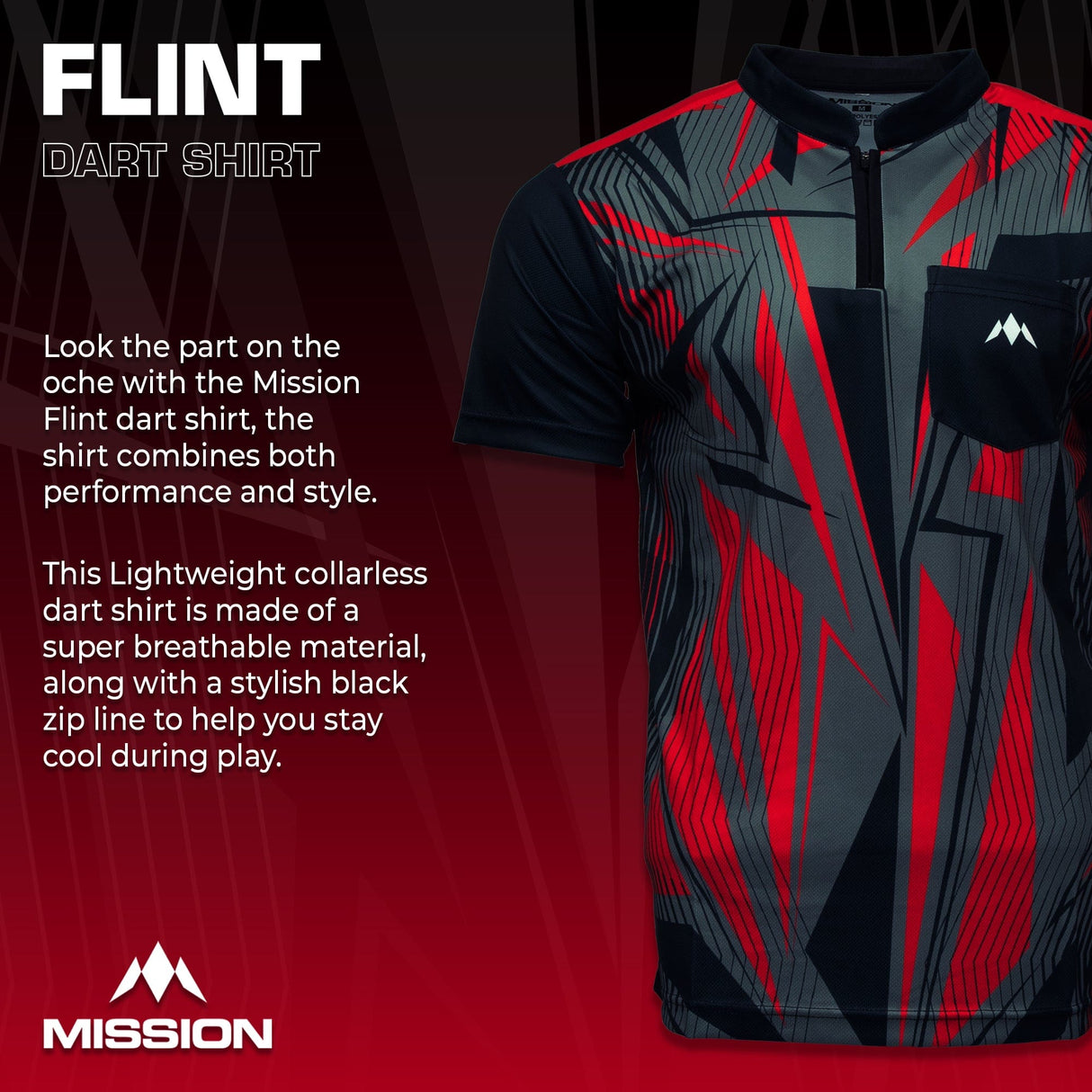 Mission Darts Flint Dart Shirt - Collarless - Lightweight - Black & Red