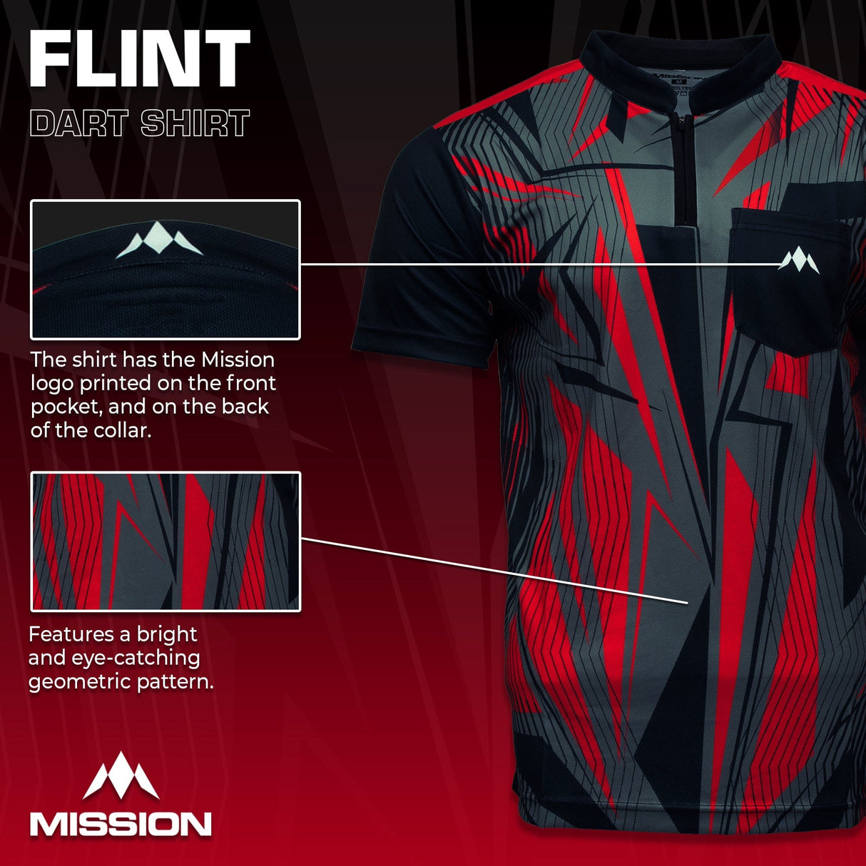 Mission Darts Flint Dart Shirt - Collarless - Lightweight - Black & Red - Youth