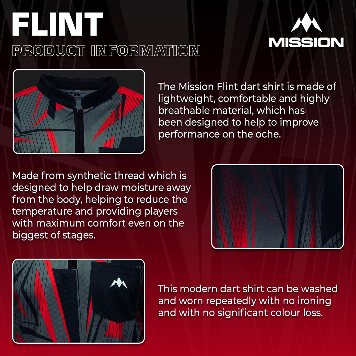 Mission Darts Flint Dart Shirt - Collarless - Lightweight - Black & Red