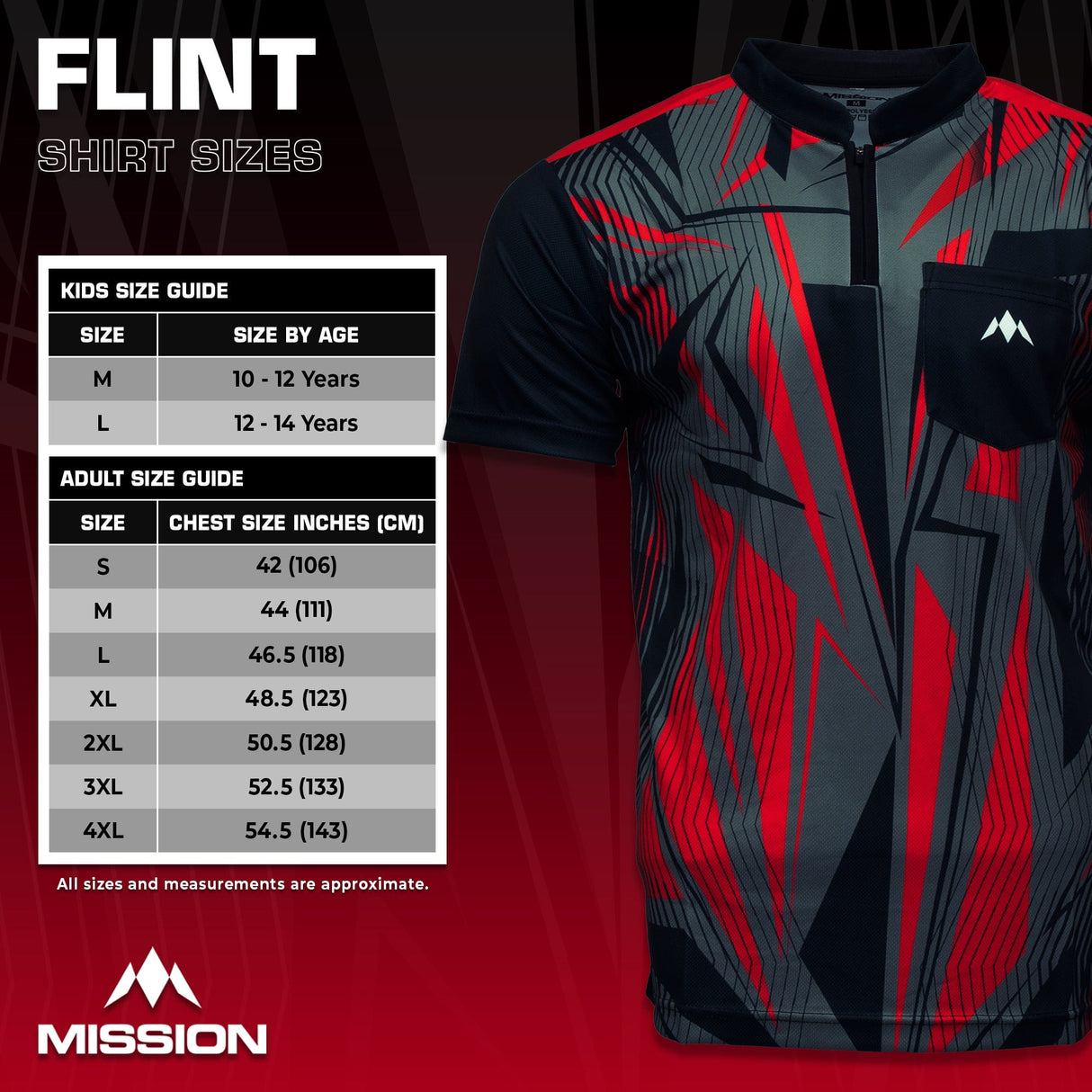 Mission Darts Flint Dart Shirt - Collarless - Lightweight - Black & Red