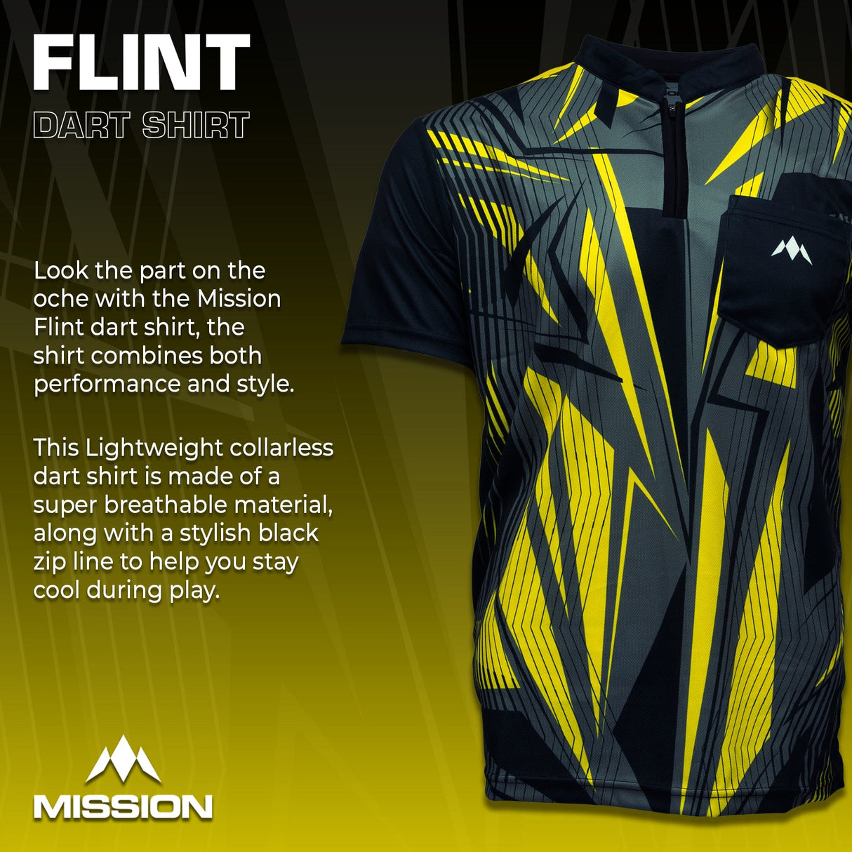 Mission Darts Flint Dart Shirt - Collarless - Lightweight - Black & Yellow