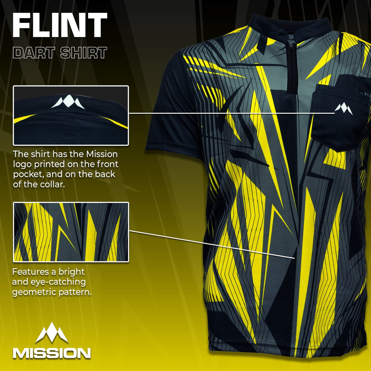 Mission Darts Flint Dart Shirt - Collarless - Lightweight - Black & Yellow